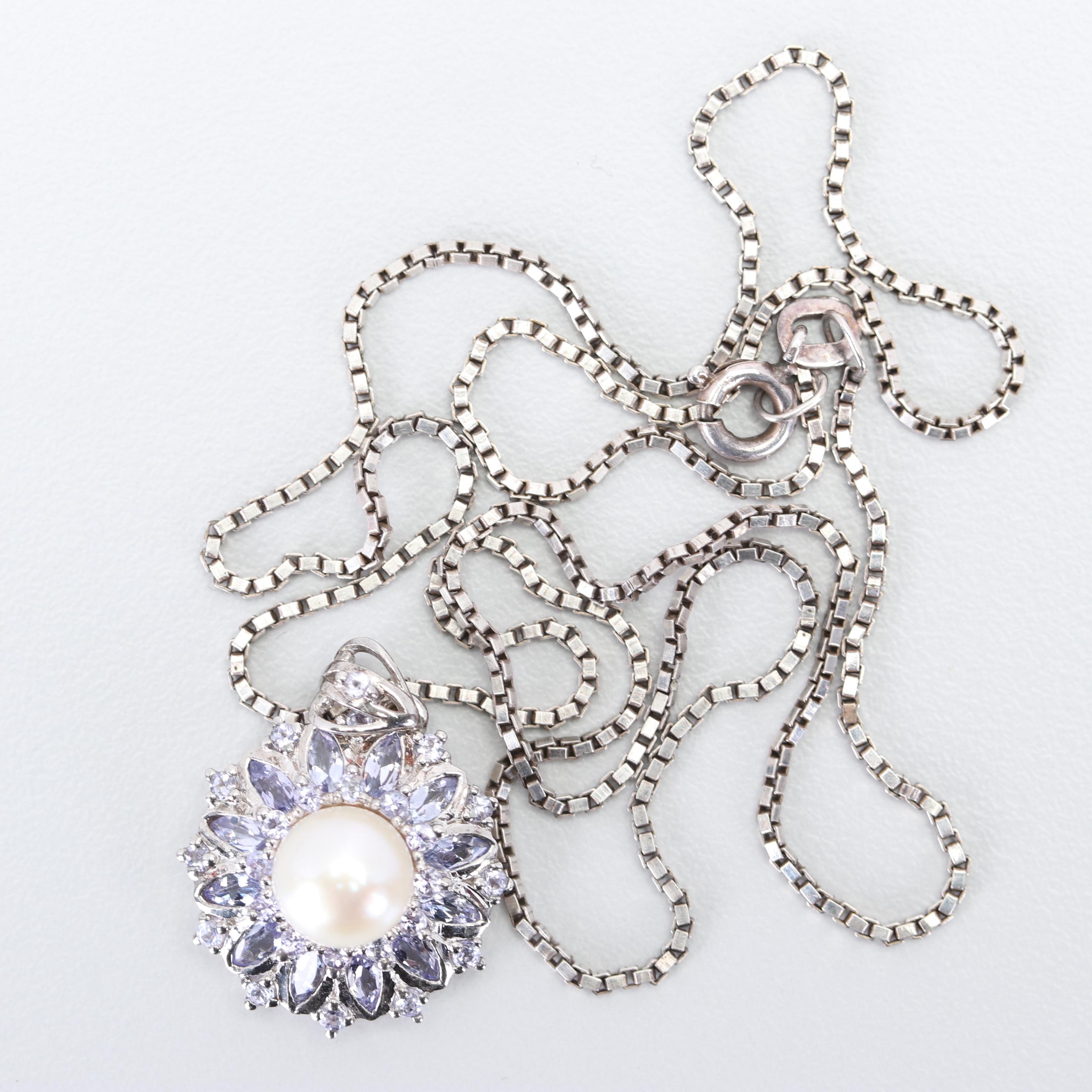 Sterling Silver Freshwater Pearl and Tanzanite Necklace and Gemstone Rings