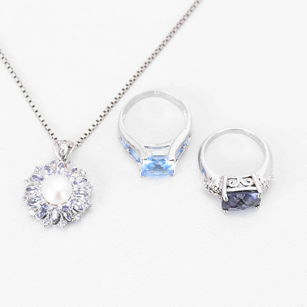 Sterling Silver Freshwater Pearl and Tanzanite Necklace and Gemstone Rings