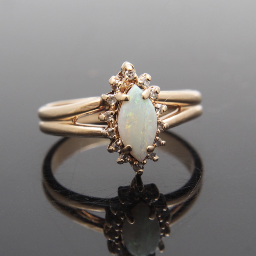 14K Yellow Gold Opal and Diamond Ring