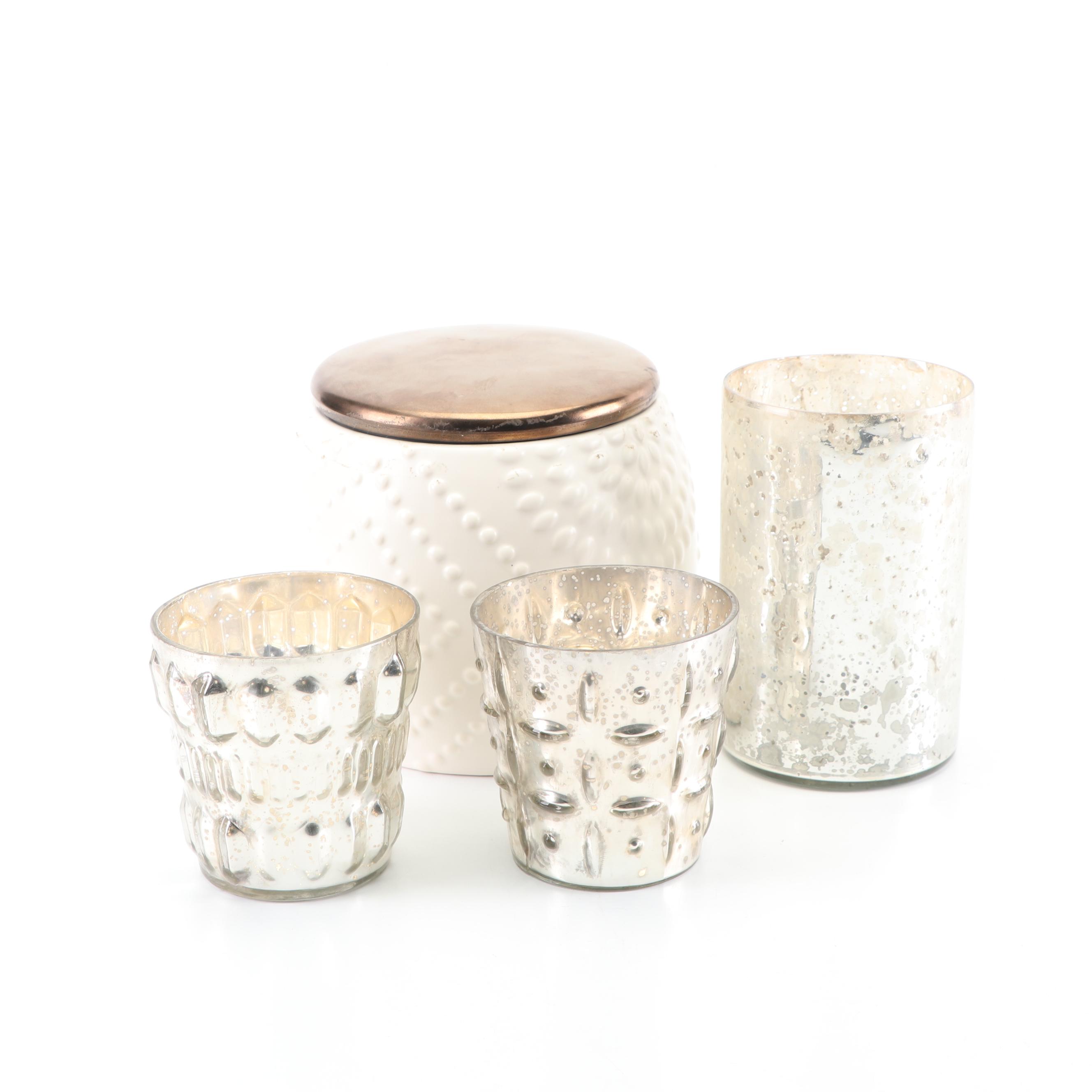 Mercury Style Glass Candle Holders and Stoneware Jar