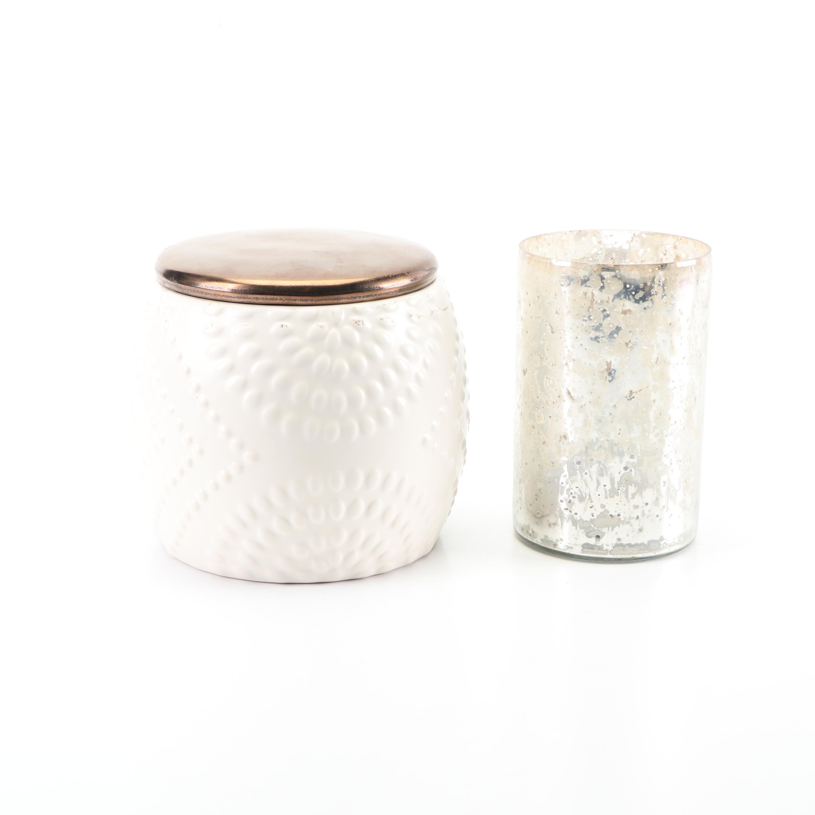 Mercury Style Glass Candle Holders and Stoneware Jar