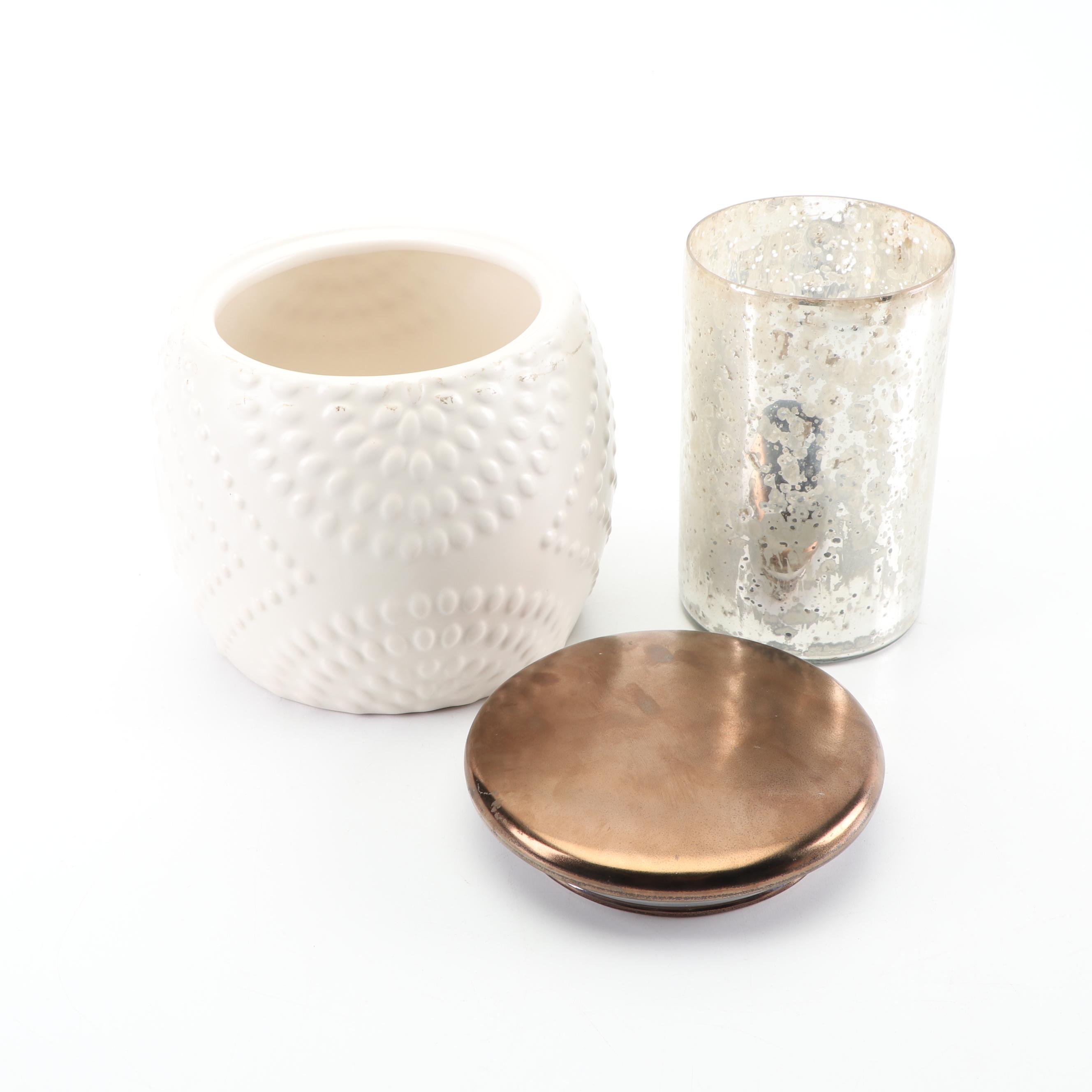 Mercury Style Glass Candle Holders and Stoneware Jar