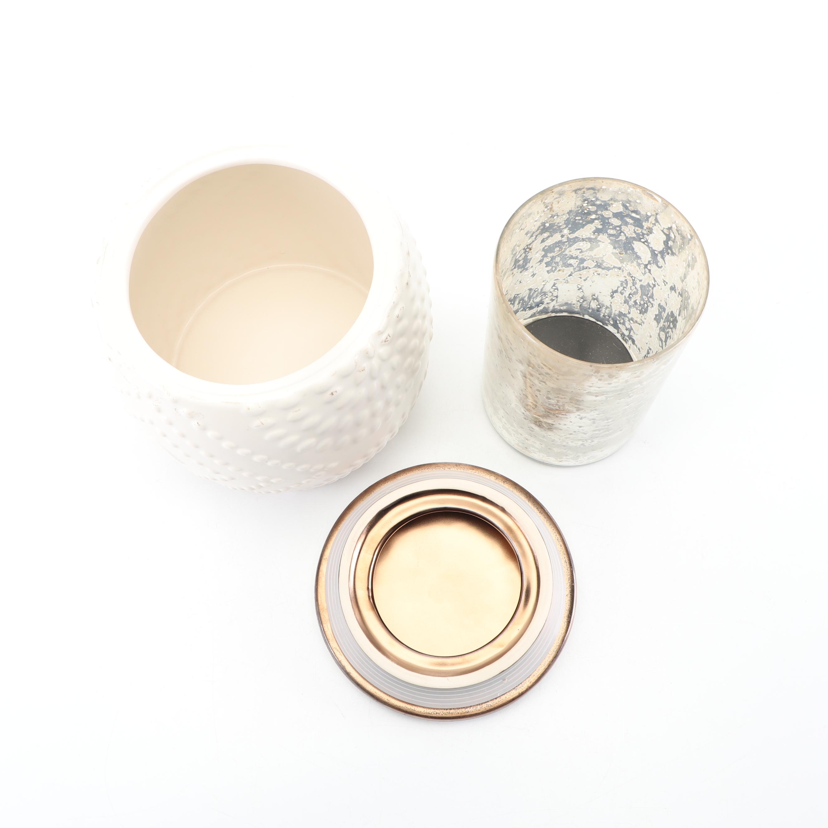 Mercury Style Glass Candle Holders and Stoneware Jar