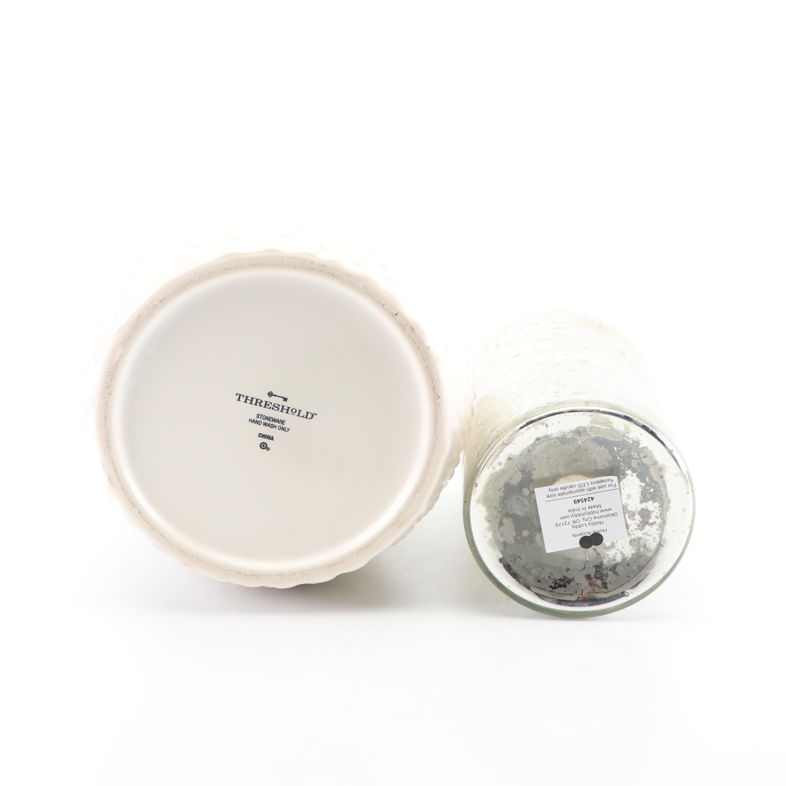 Mercury Style Glass Candle Holders and Stoneware Jar