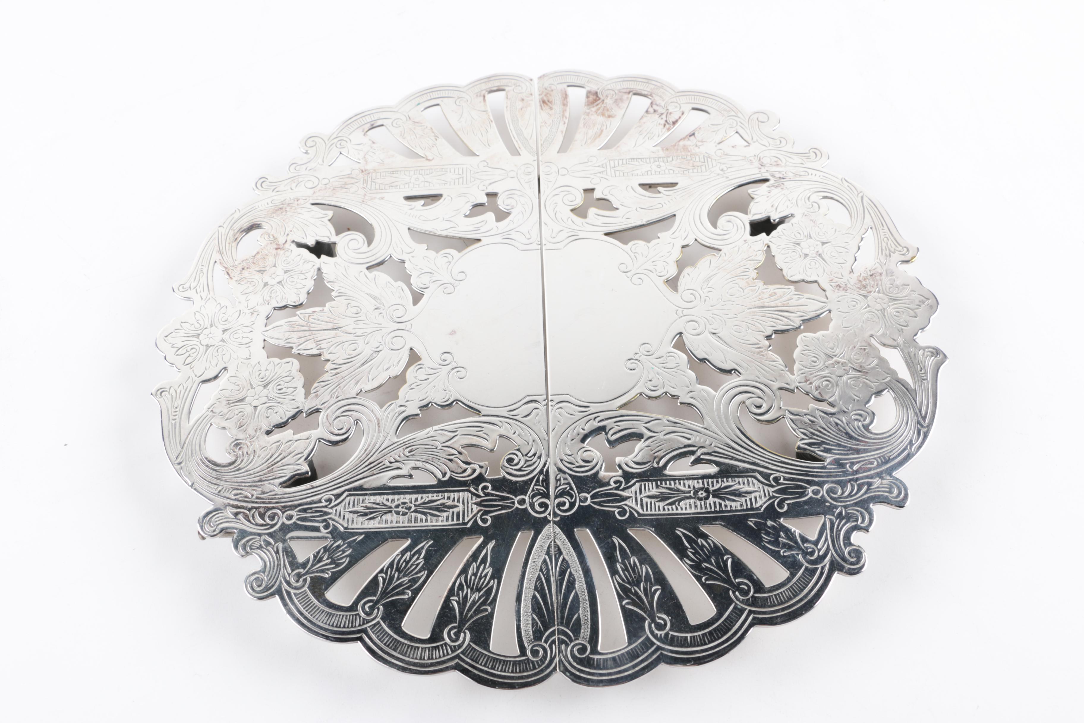 Graff, Washbourne & Dunn Sterling Overlaid Trivet with Silver Plate Serveware