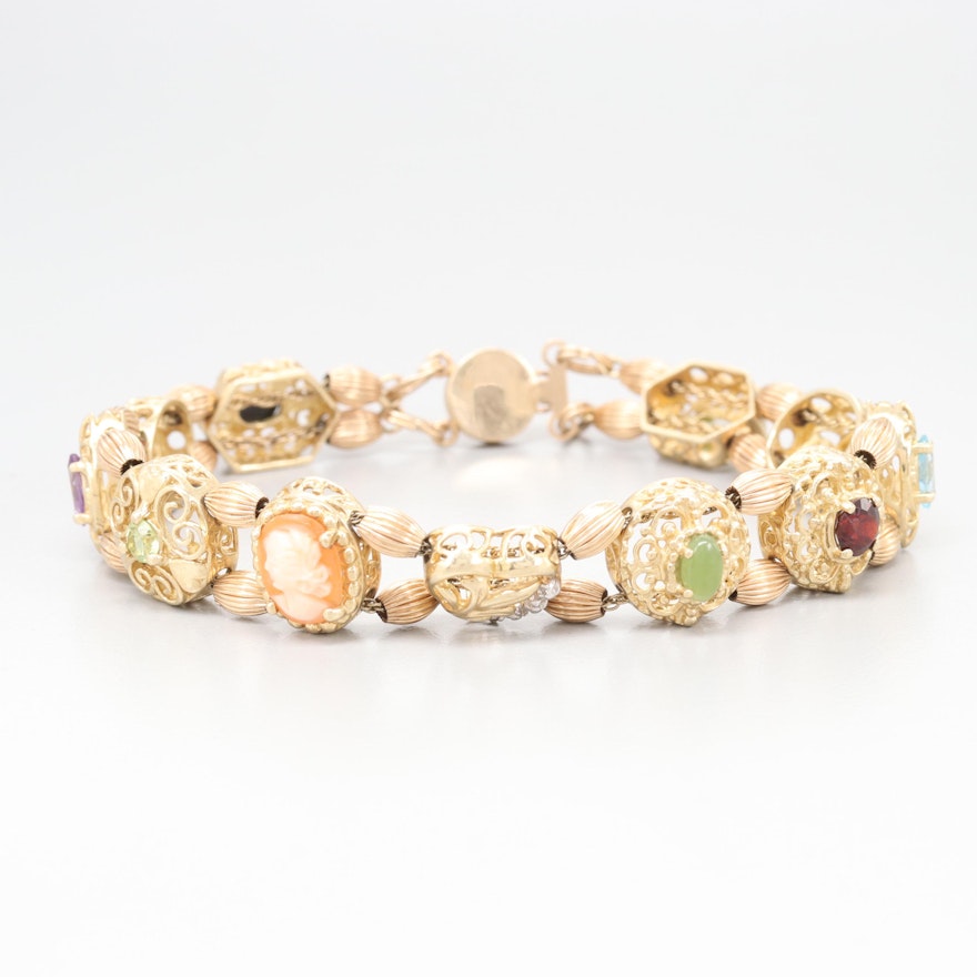 10K Yellow Gold Gemstone and Diamond Slide Charm Bracelet