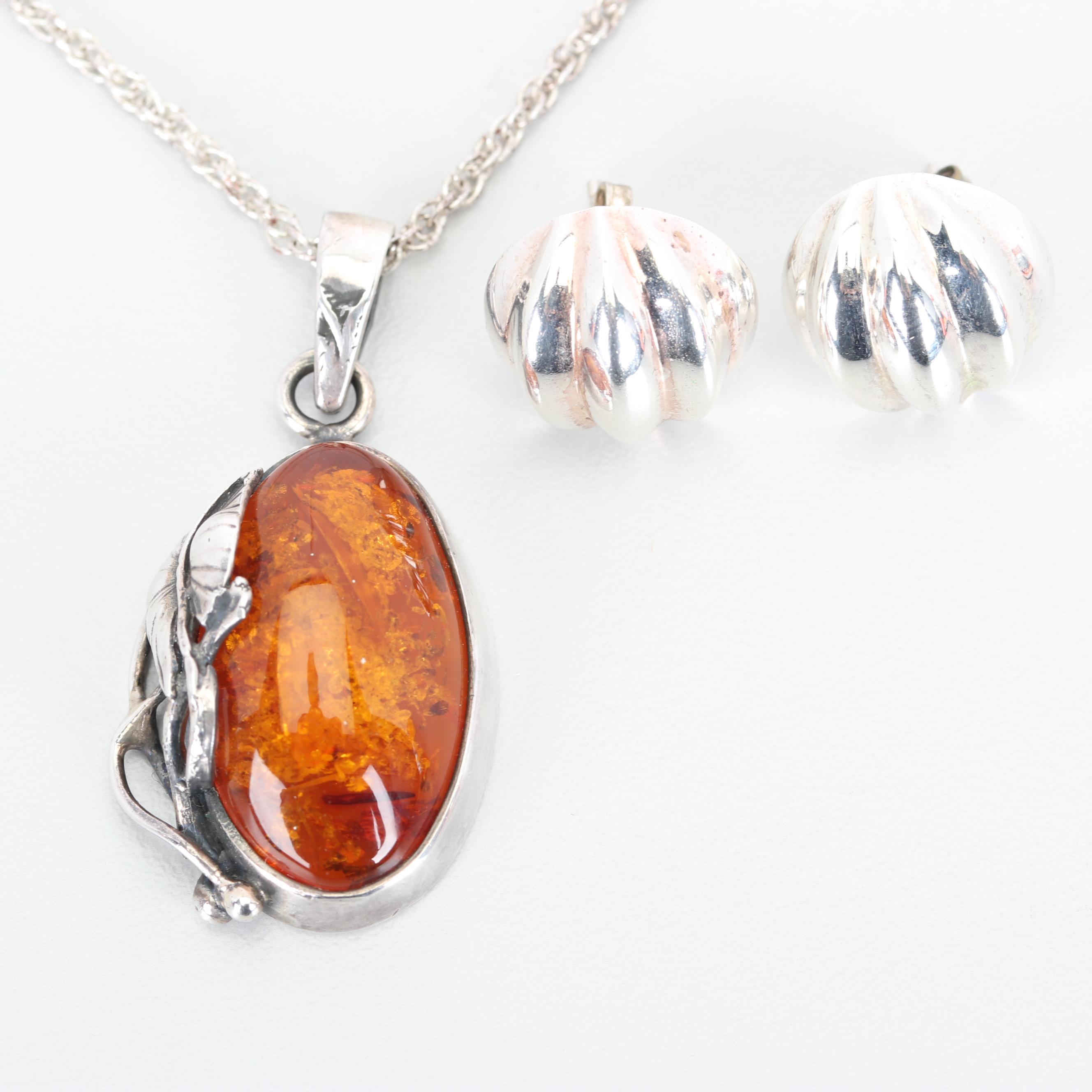 Sterling Silver Amber Pendant Necklace and Sterling Silver Earrings
