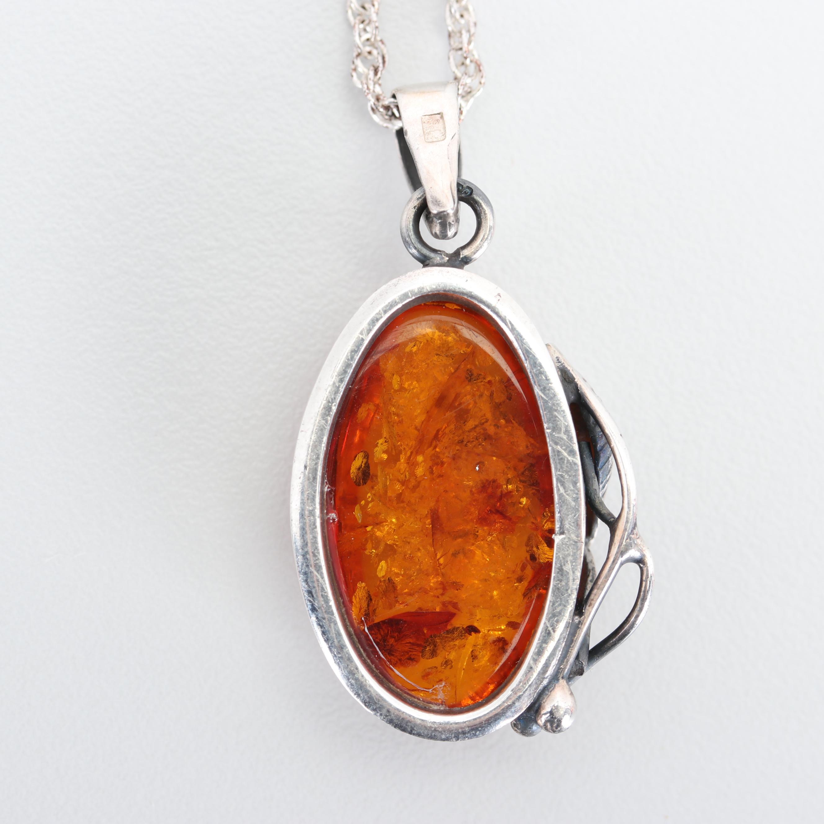 Sterling Silver Amber Pendant Necklace and Sterling Silver Earrings
