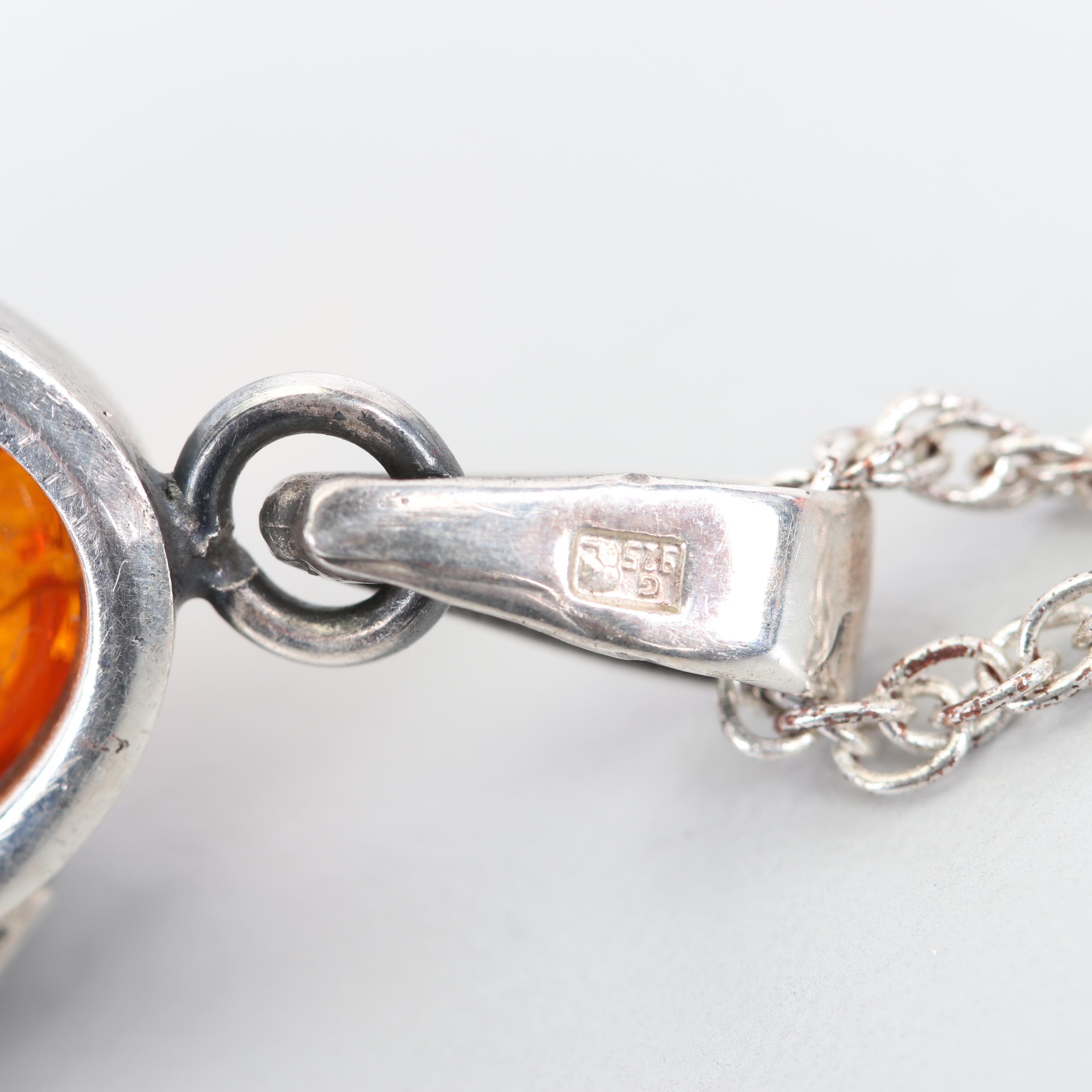 Sterling Silver Amber Pendant Necklace and Sterling Silver Earrings
