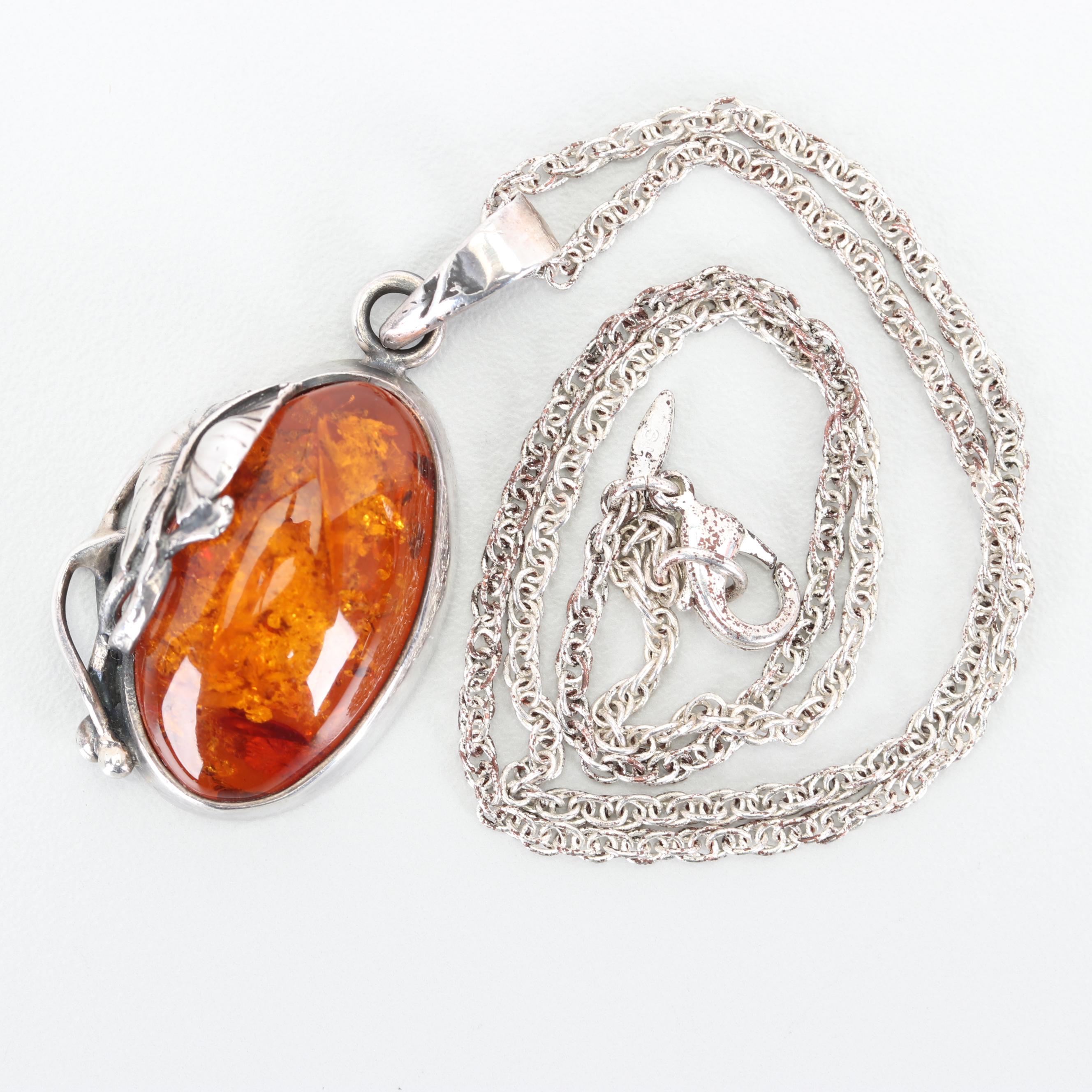 Sterling Silver Amber Pendant Necklace and Sterling Silver Earrings