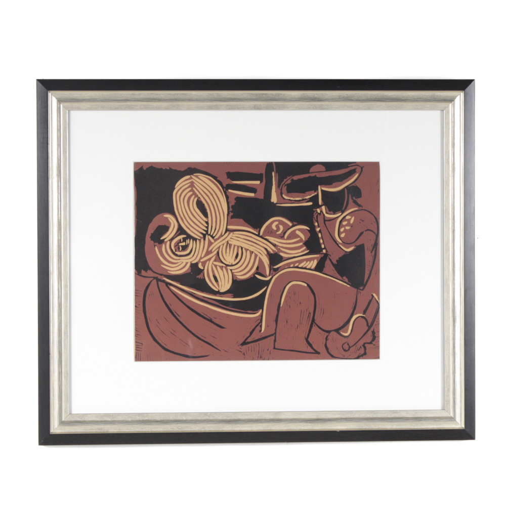 Pablo Picasso Linoleum Cut "Reclining Woman and Picador with Guitar"