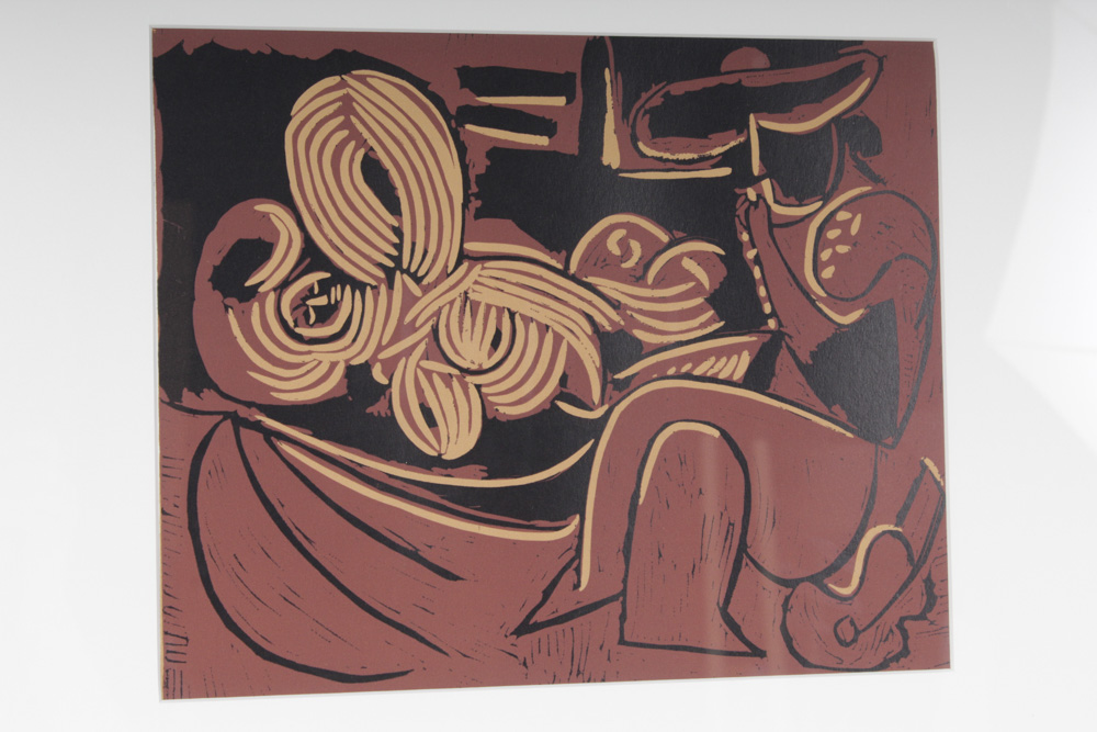 Pablo Picasso Linoleum Cut "Reclining Woman and Picador with Guitar"