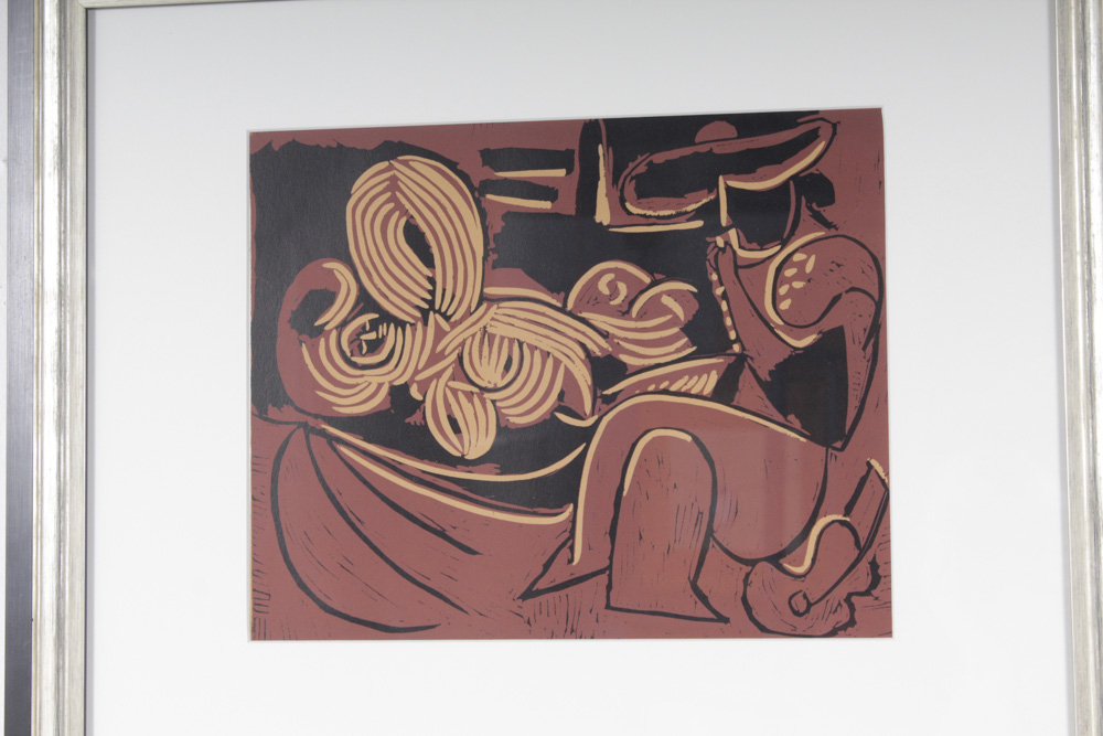 Pablo Picasso Linoleum Cut "Reclining Woman and Picador with Guitar"