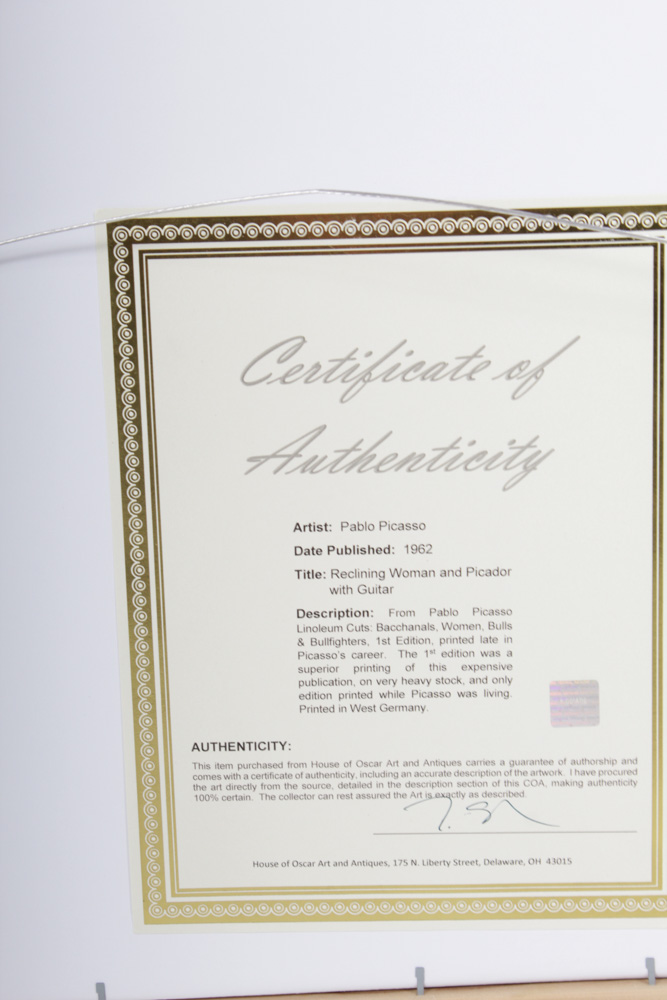 Pablo Picasso Linoleum Cut "Reclining Woman and Picador with Guitar"