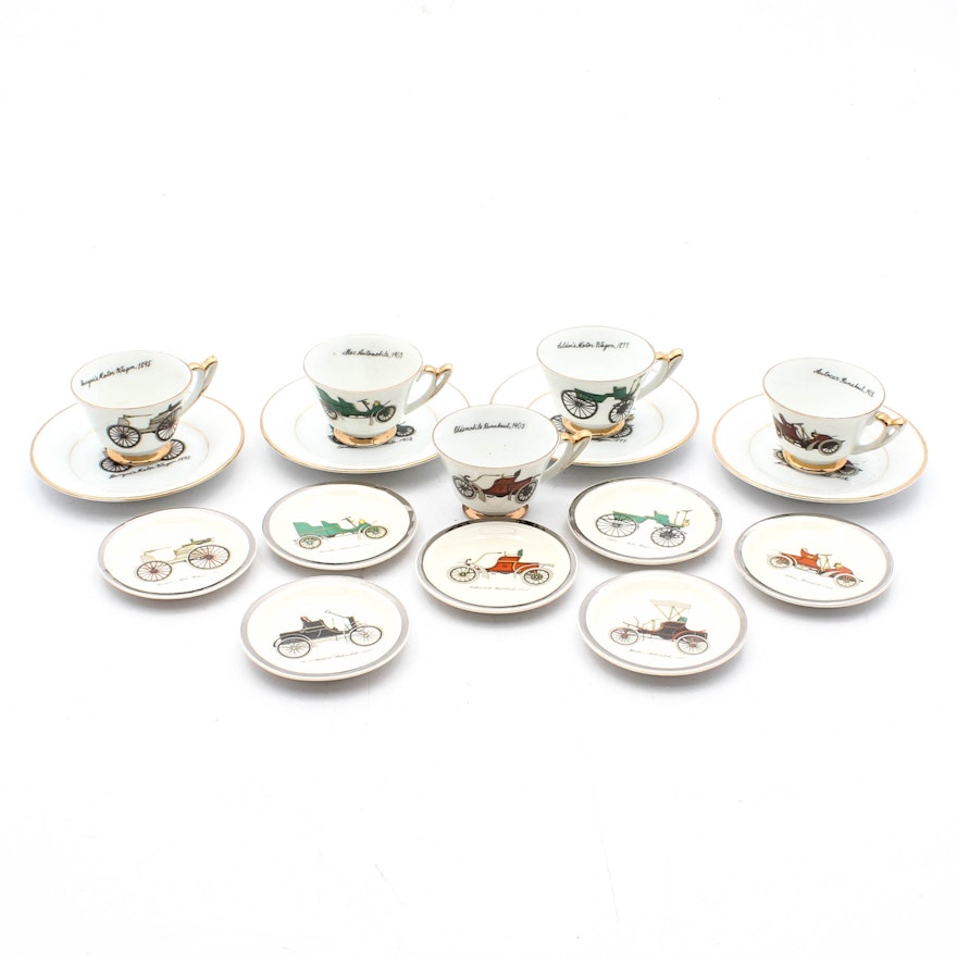 Vintage Napco Hand-Painted Automobile Motif Demitasse Cups and Saucers