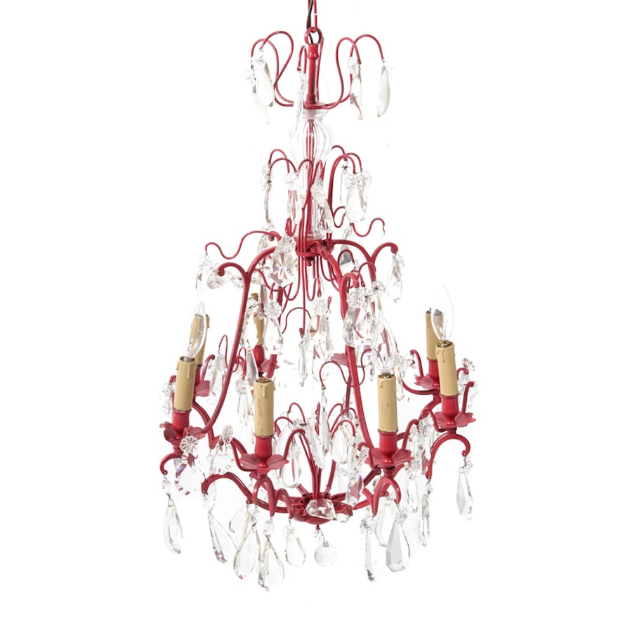 Contemporary Painted Metal and Glass Eight Light Chandelier with Prisms