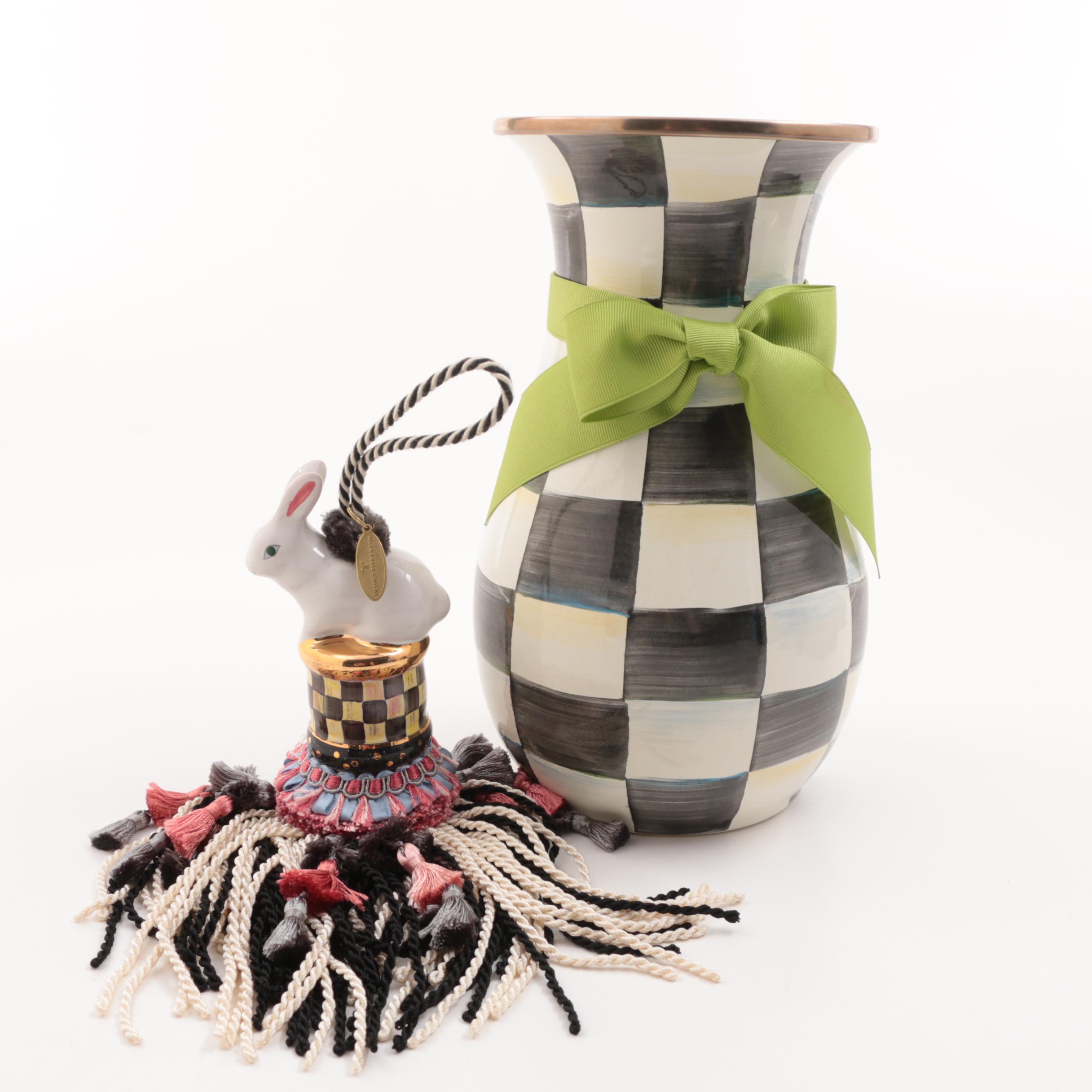MacKenzie Childs "Courtly Checks" Enamelware Vase and  Bunny Tassel