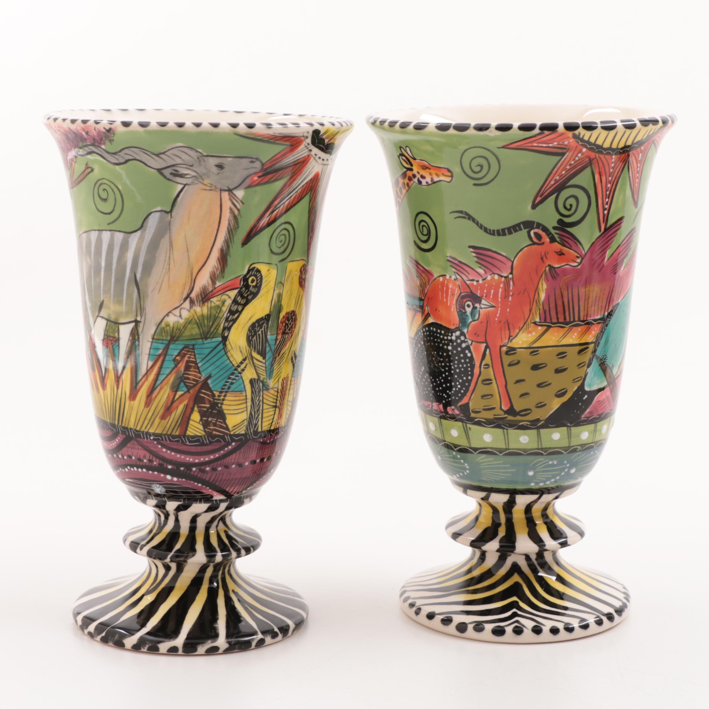Penzo Zimbabwe Hand-Painted Pottery Goblets and Bowls