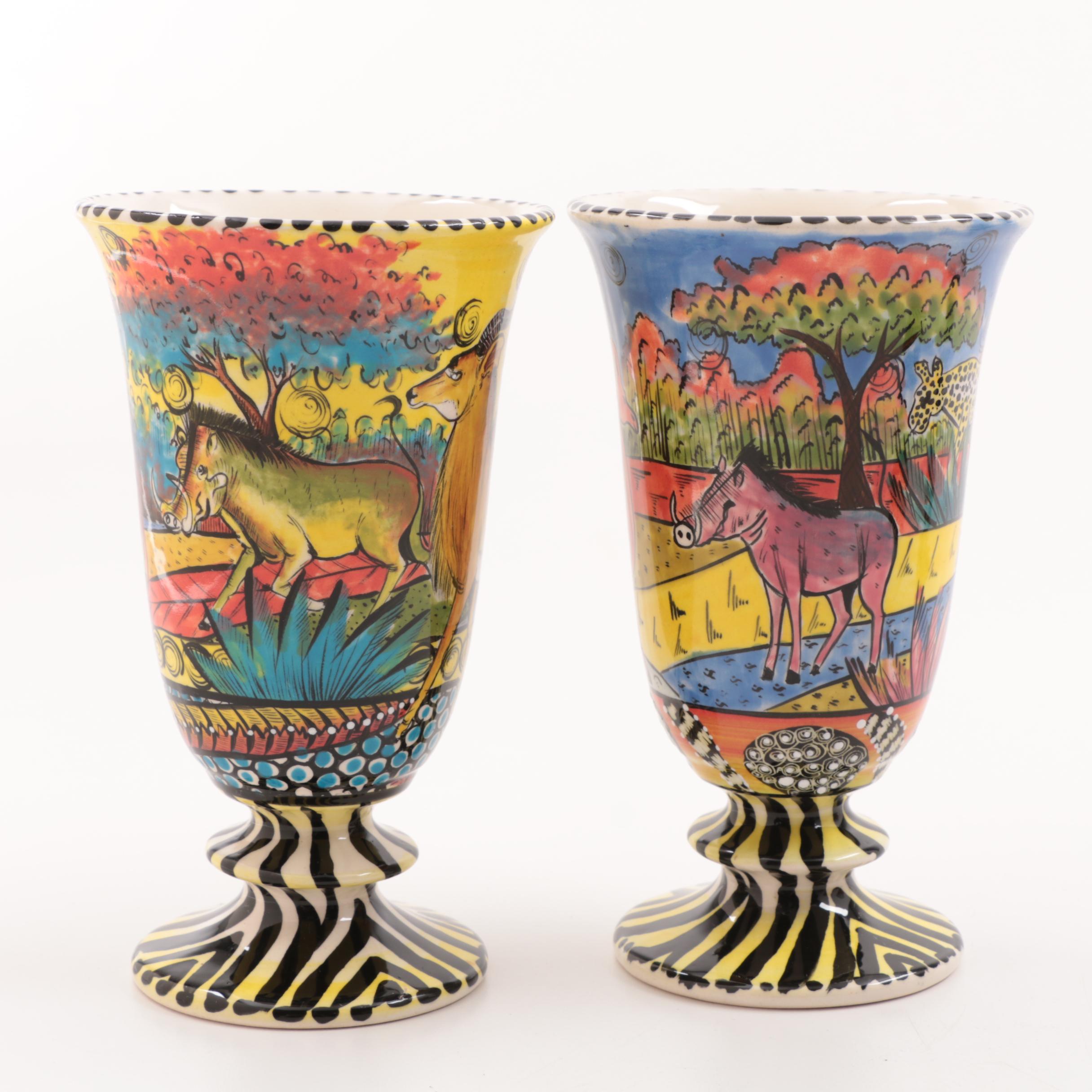 Penzo Zimbabwe Hand-Painted Pottery Goblets and Bowls
