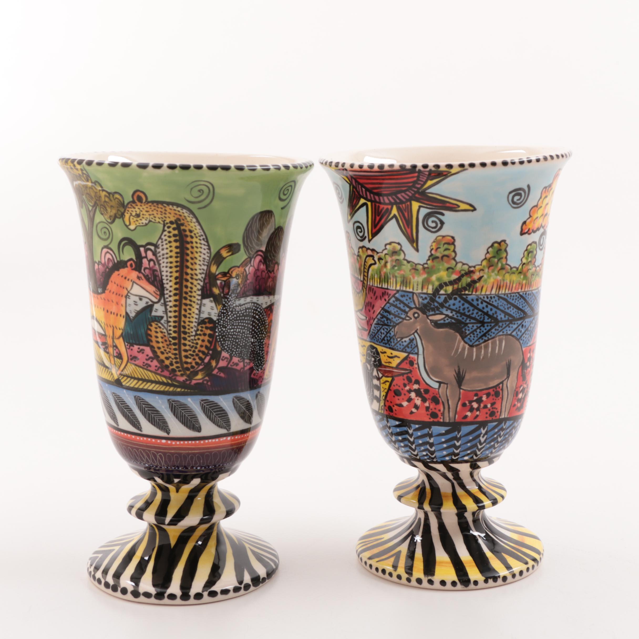 Penzo Zimbabwe Hand-Painted Pottery Goblets and Bowls