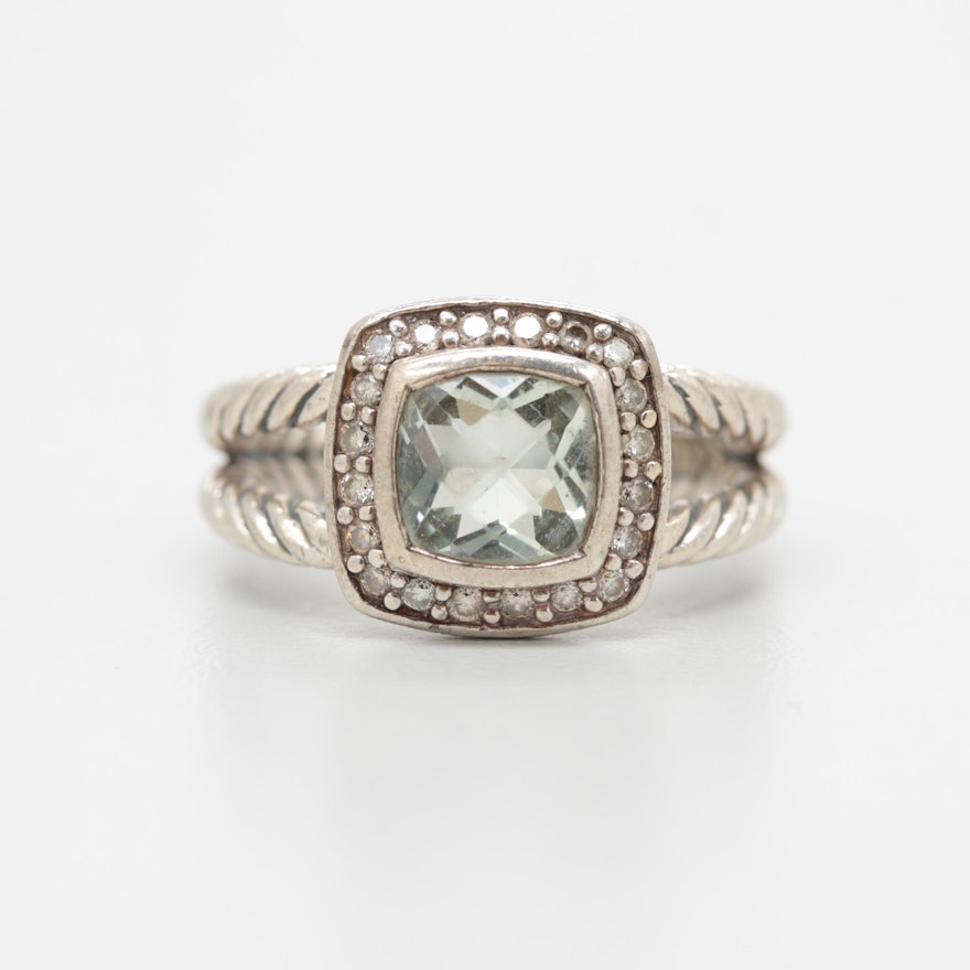 David Yurman Sterling Silver Praseolite and Diamond Ring