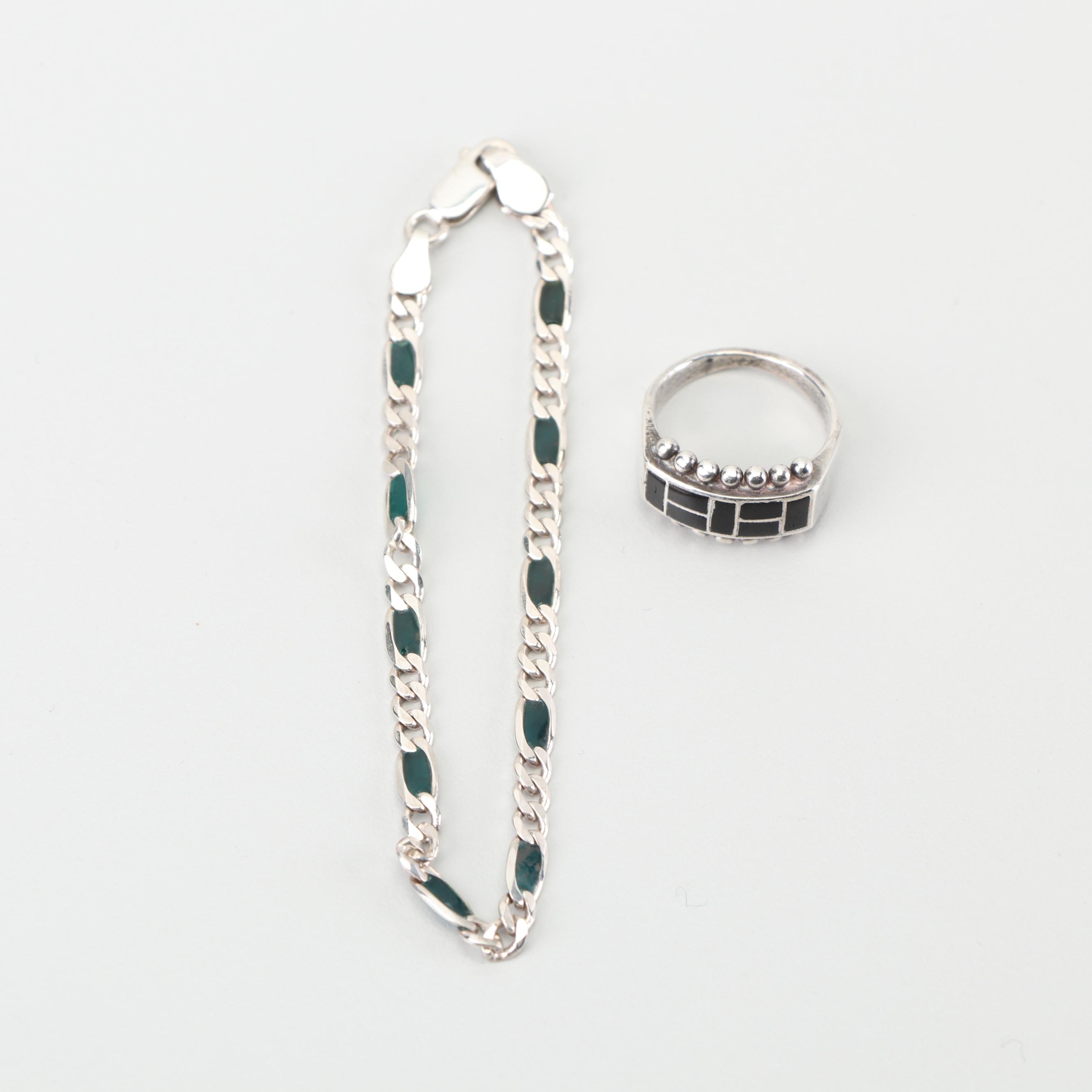 Sterling Silver Black Onyx Ring and Enamel Bracelet