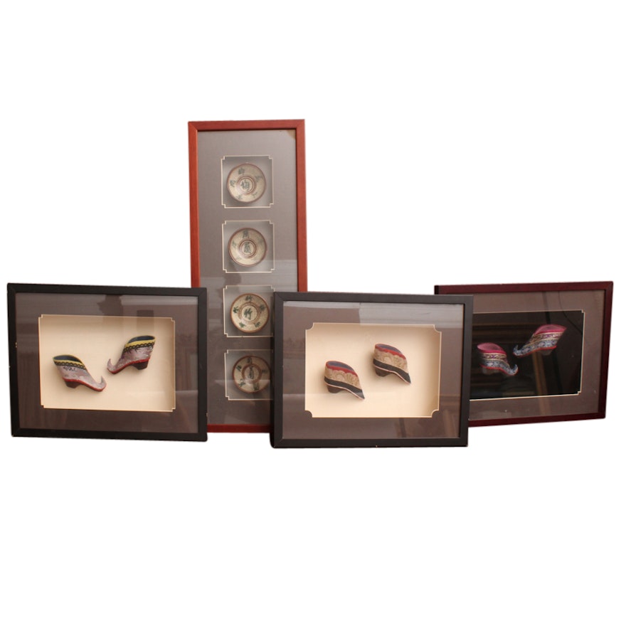 Four Shadow Boxes Featuring Chinese Shoes and Rice Bowls