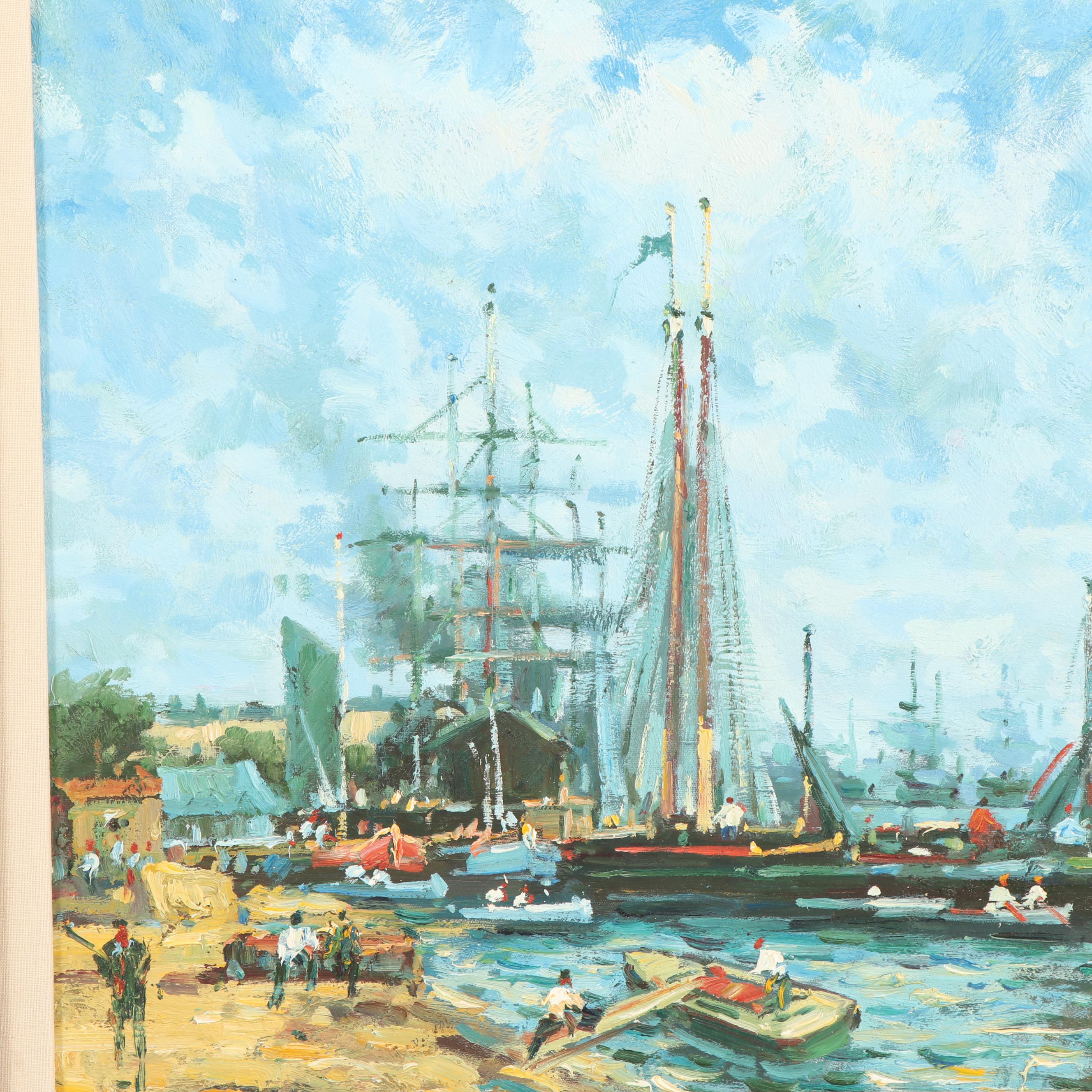 D. Kessler Harbor Scene with Ships Oil Painting