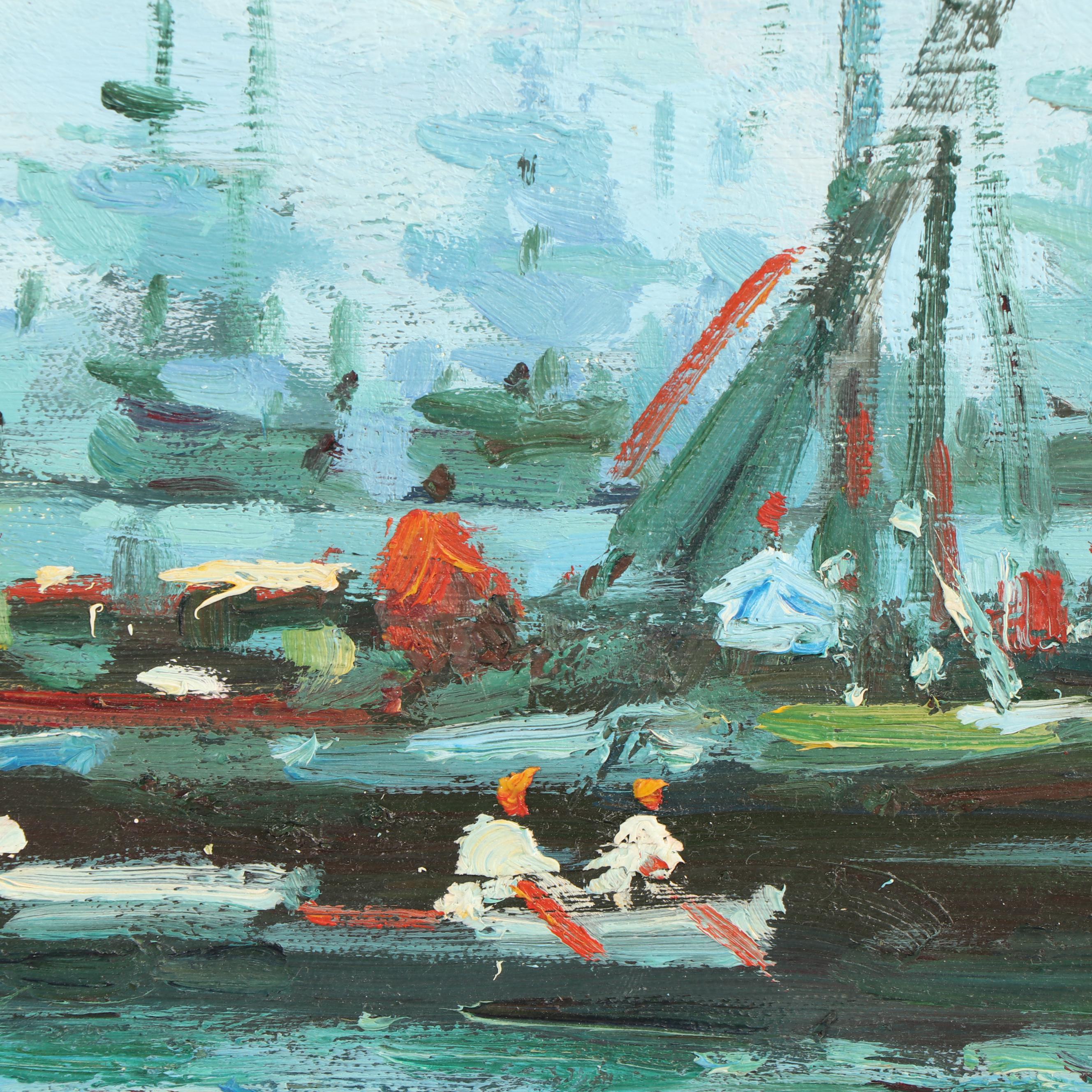 D. Kessler Harbor Scene with Ships Oil Painting