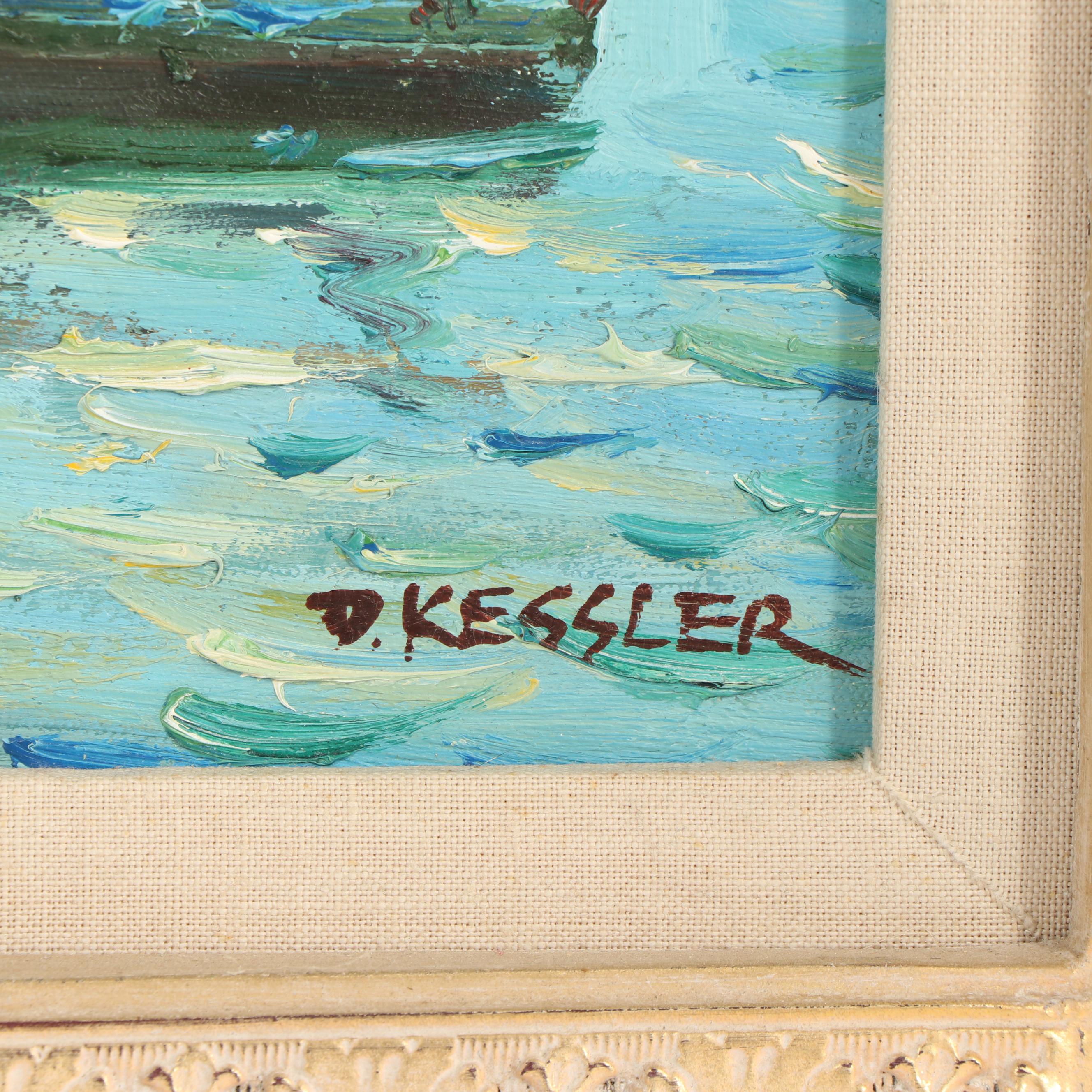 D. Kessler Harbor Scene with Ships Oil Painting