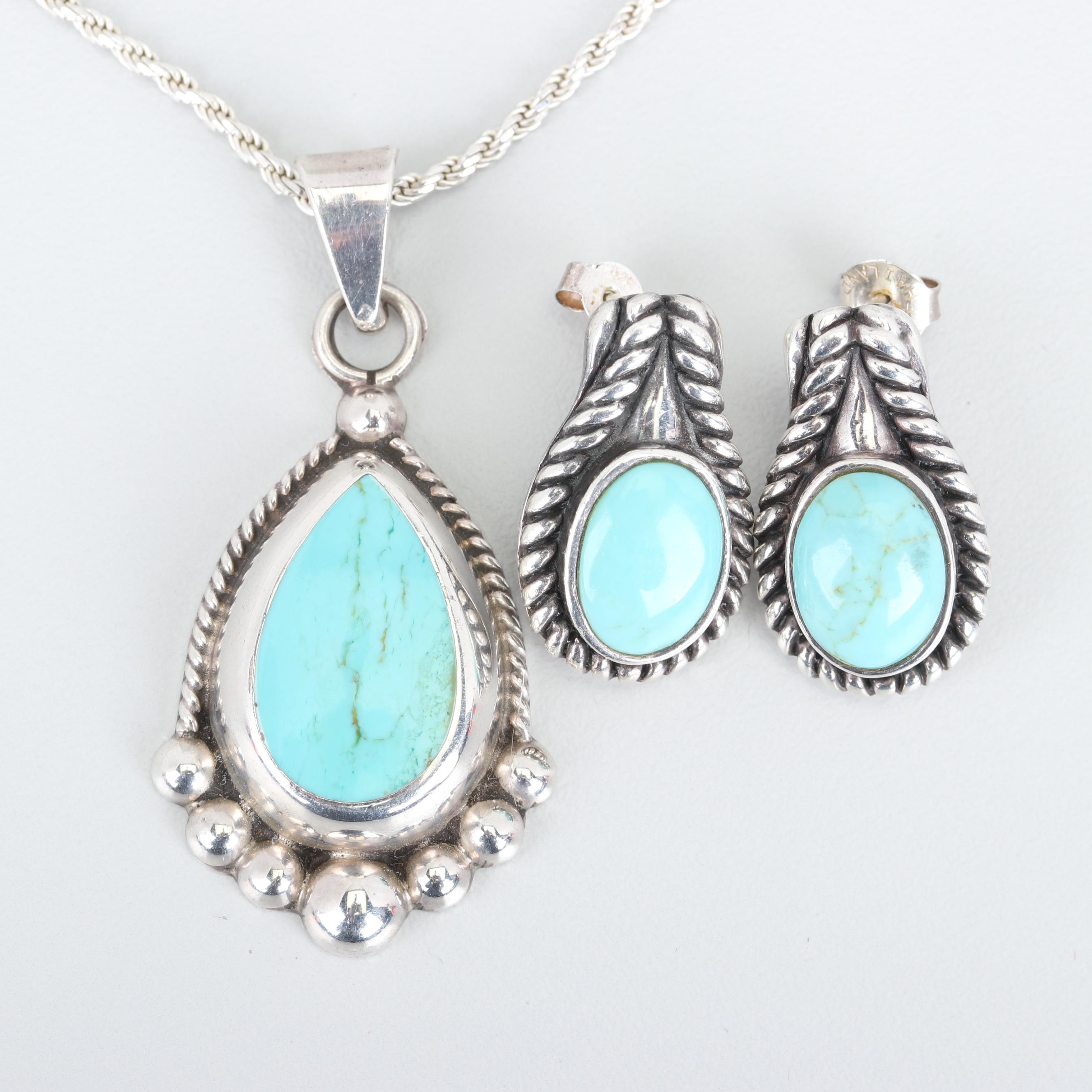 Sterling Silver Turquoise Pendant Necklace and Earrings