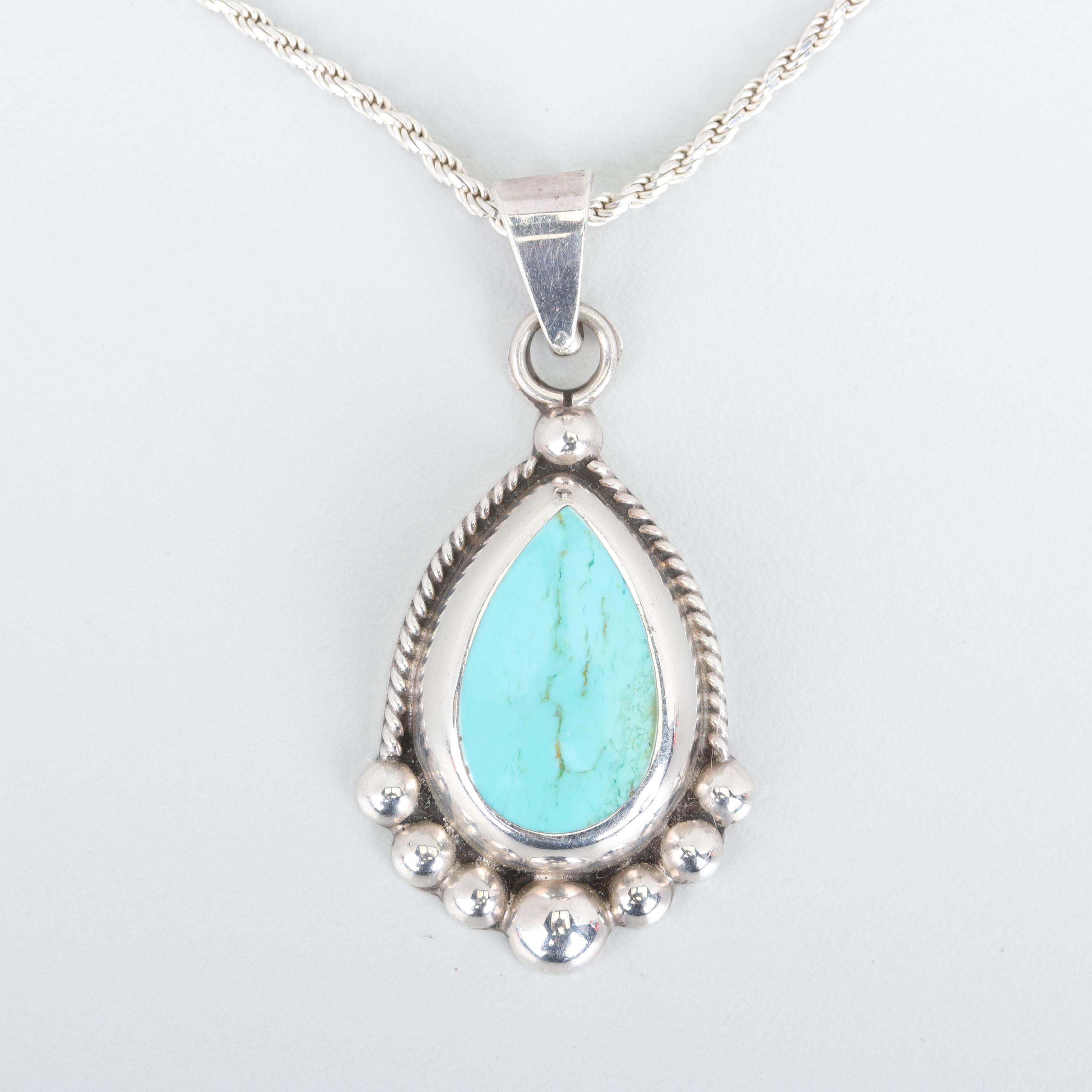 Sterling Silver Turquoise Pendant Necklace and Earrings