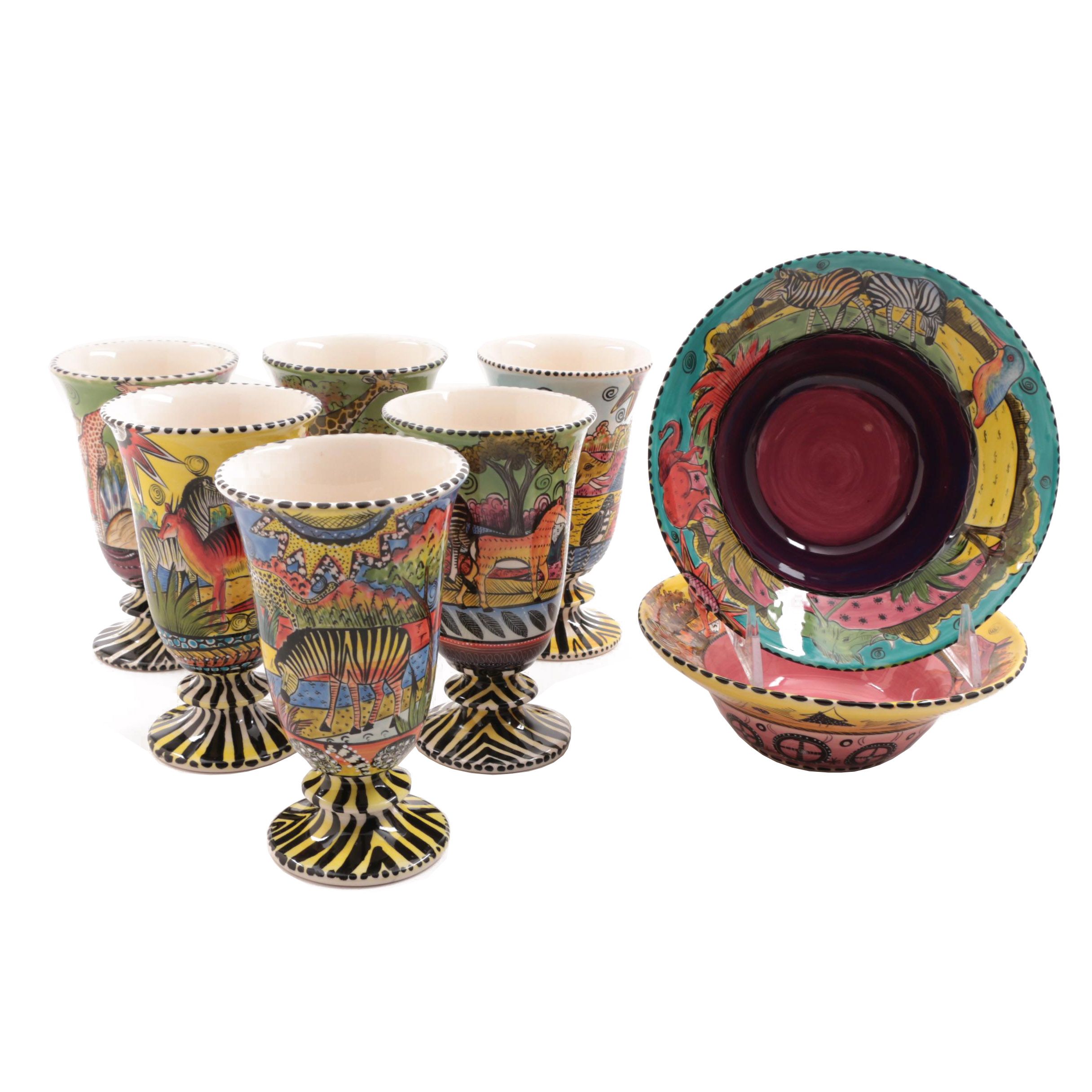Penzo Zimbabwe Hand-Painted Pottery Goblets and Bowls