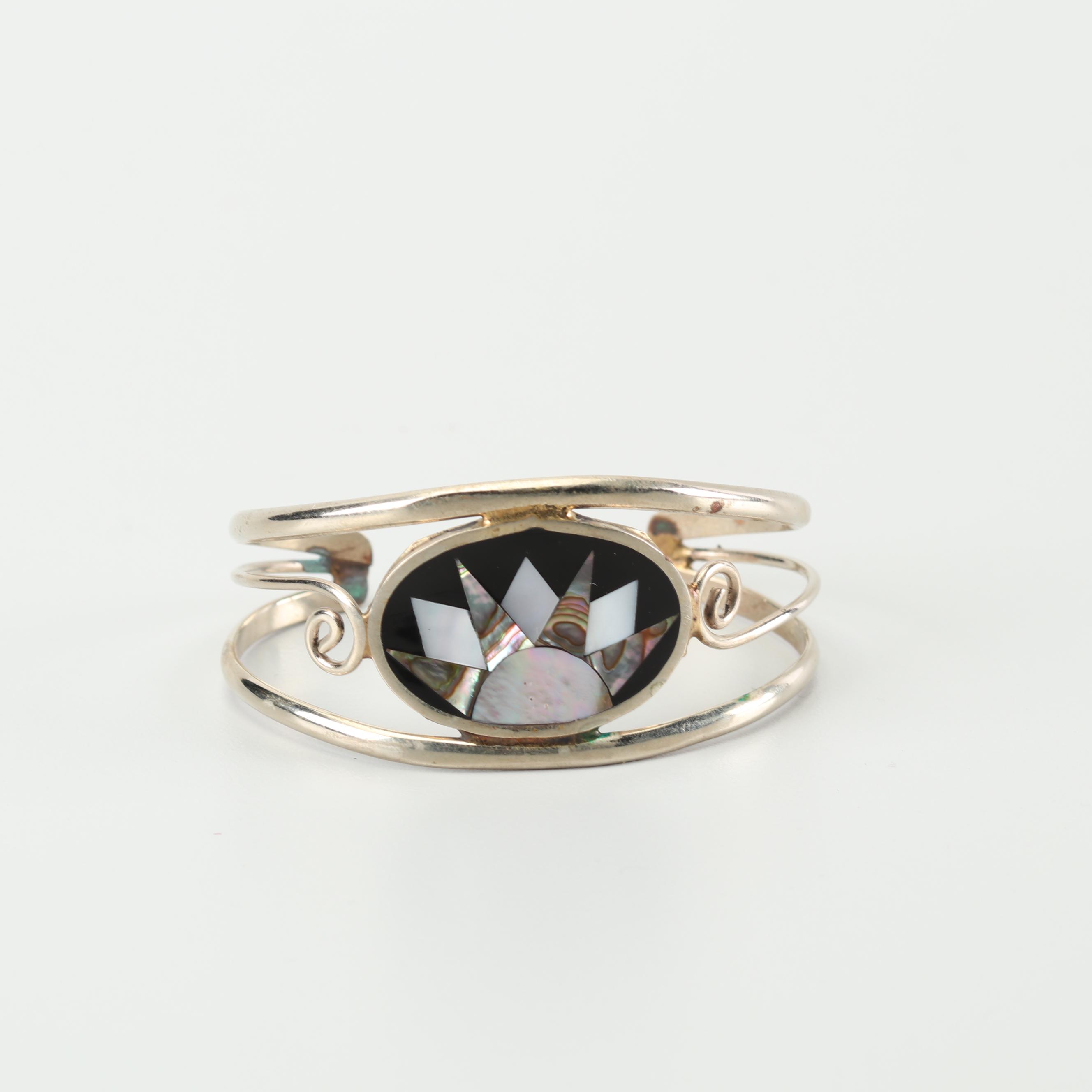 Alpaca Silver Mother of Pearl, Black Onyx, and Abalone Shell Cuff Bracelet