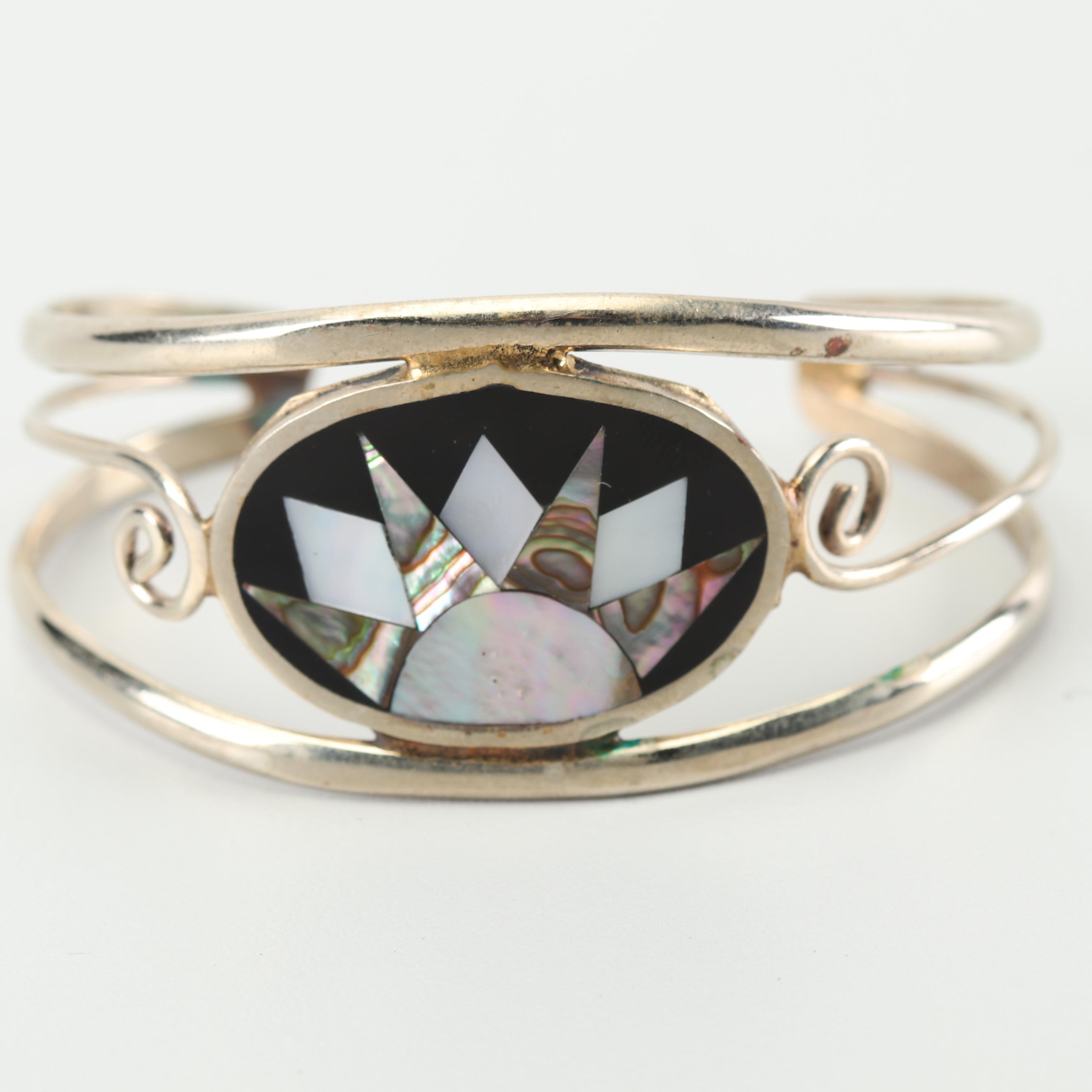 Alpaca Silver Mother of Pearl, Black Onyx, and Abalone Shell Cuff Bracelet