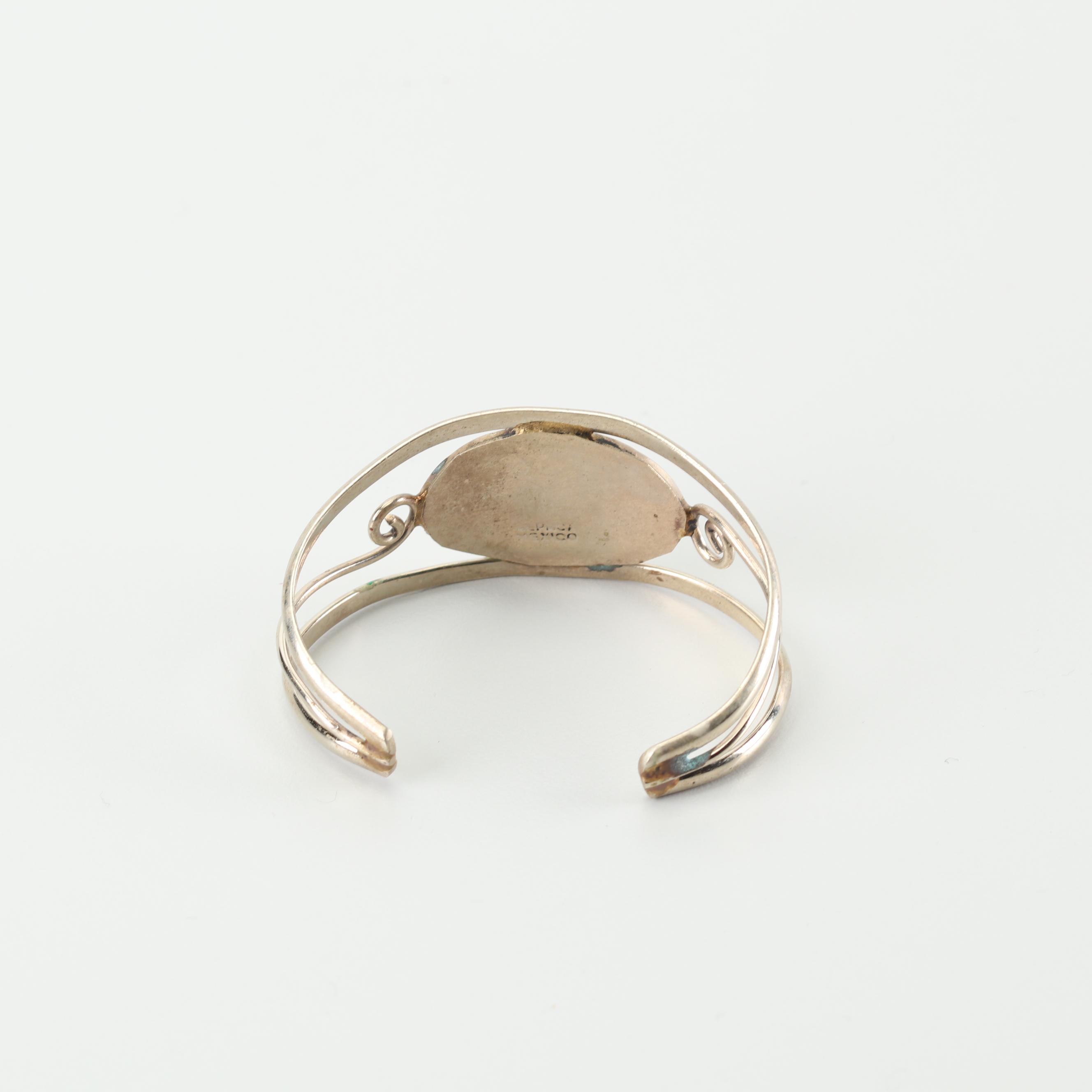 Alpaca Silver Mother of Pearl, Black Onyx, and Abalone Shell Cuff Bracelet