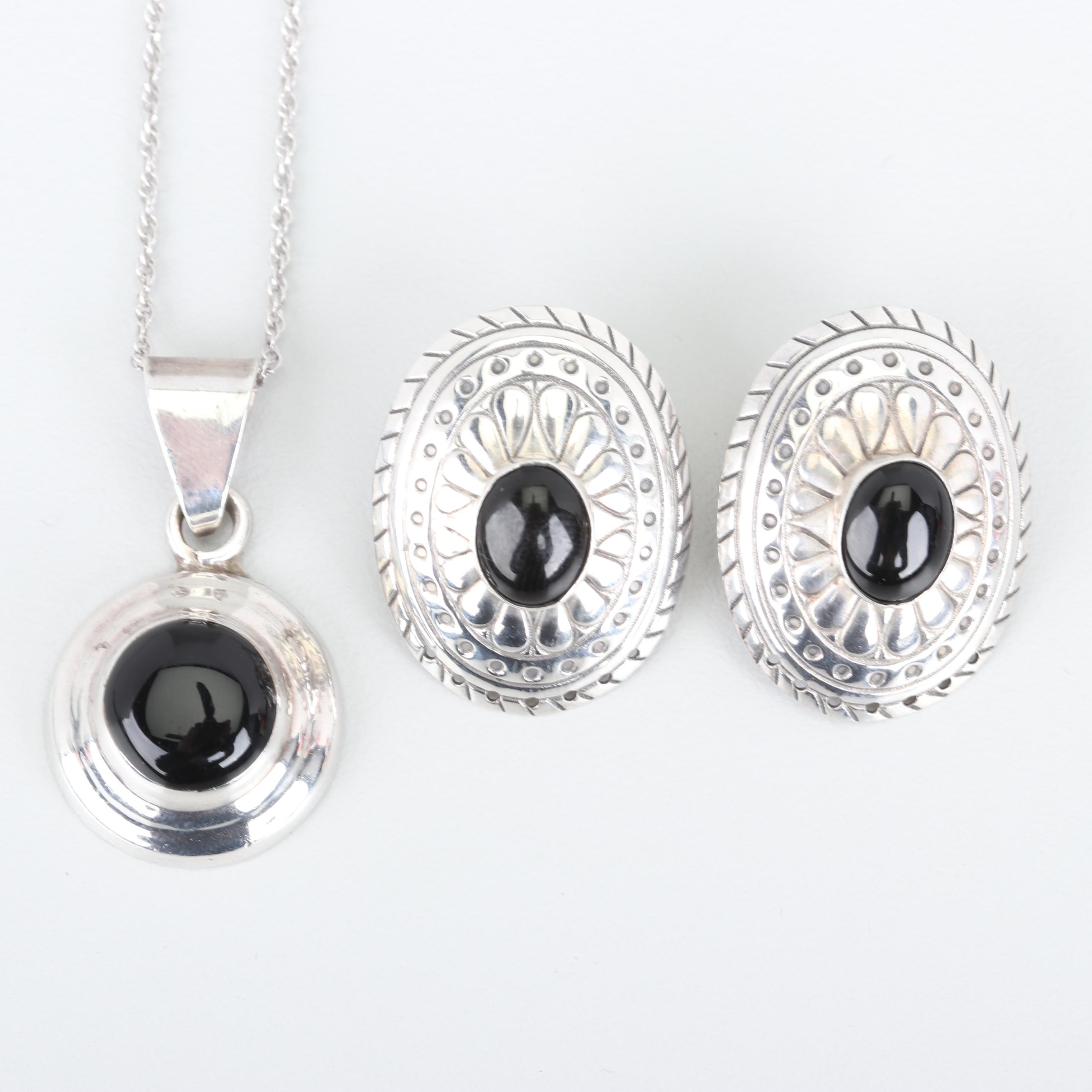 Sterling Silver Black Onyx Earrings and Pendant Necklace