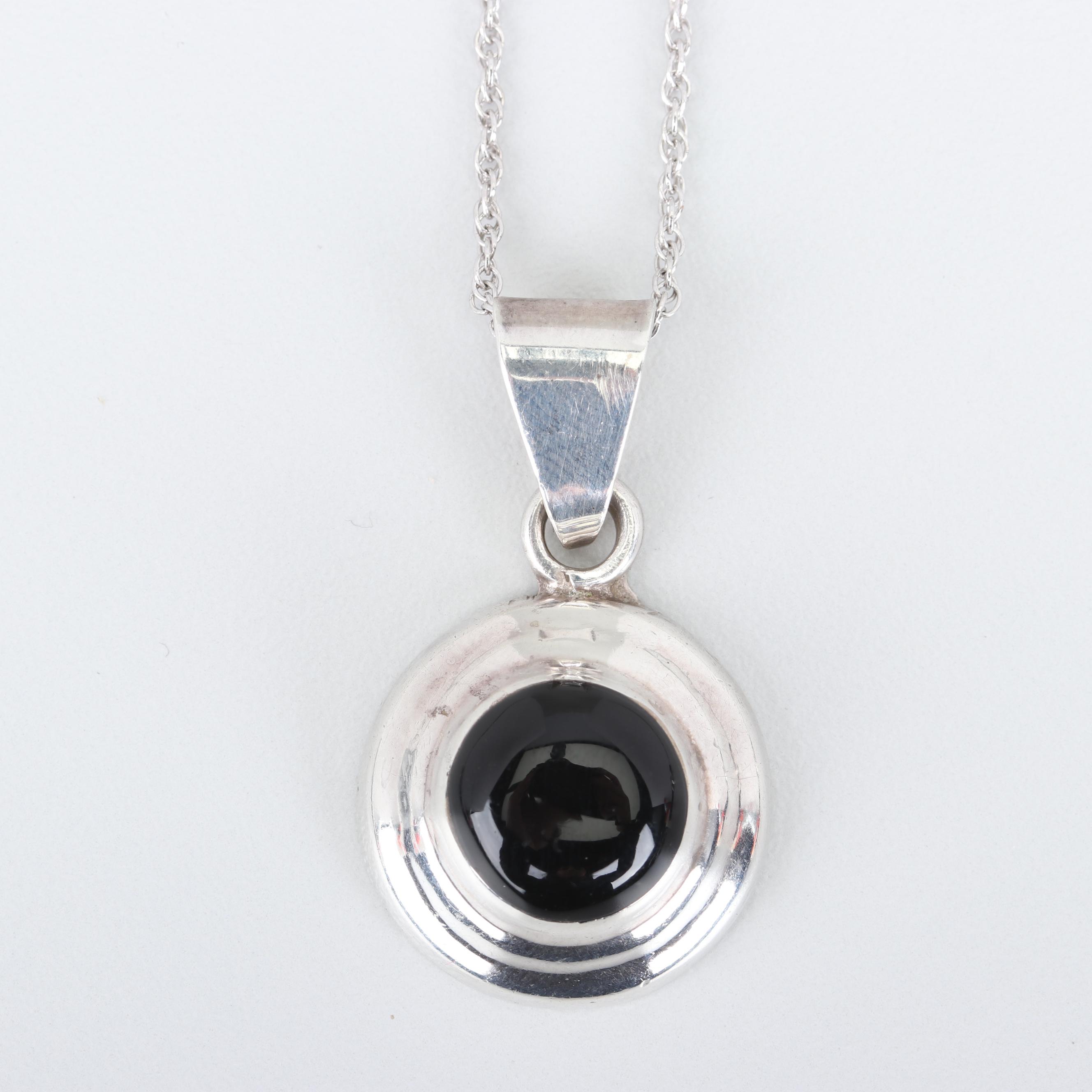 Sterling Silver Black Onyx Earrings and Pendant Necklace