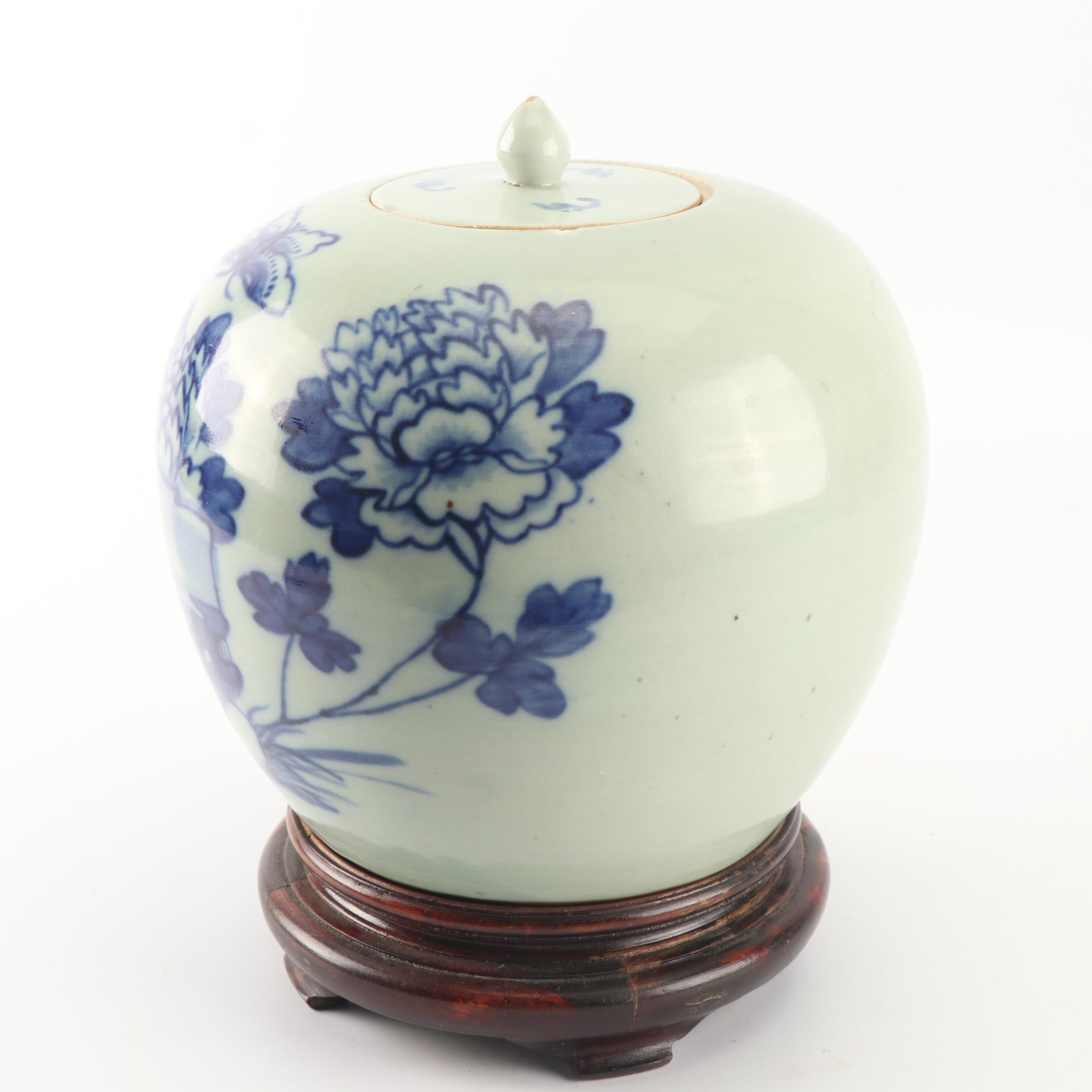Antique Chinese Ceramic Lidded Jar and Wood Stand