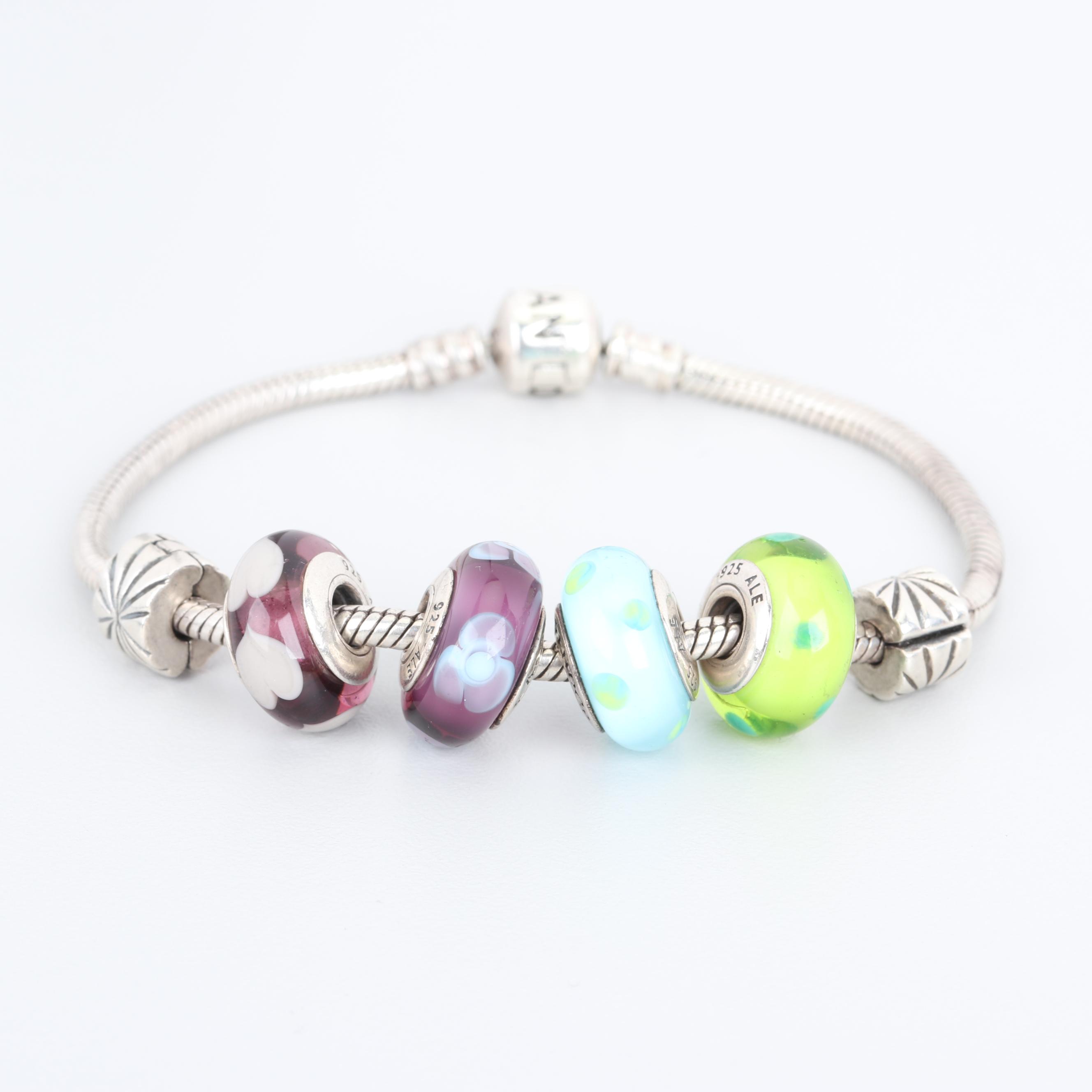 Pandora Sterling Silver Glass Barrel Charm Bracelet