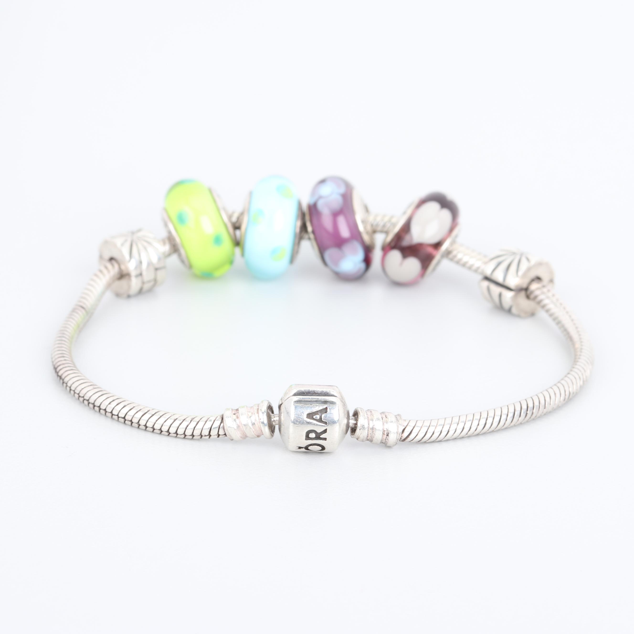 Pandora Sterling Silver Glass Barrel Charm Bracelet