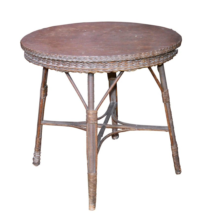 Wicker and Wood Round Side Table, Early 20th Century