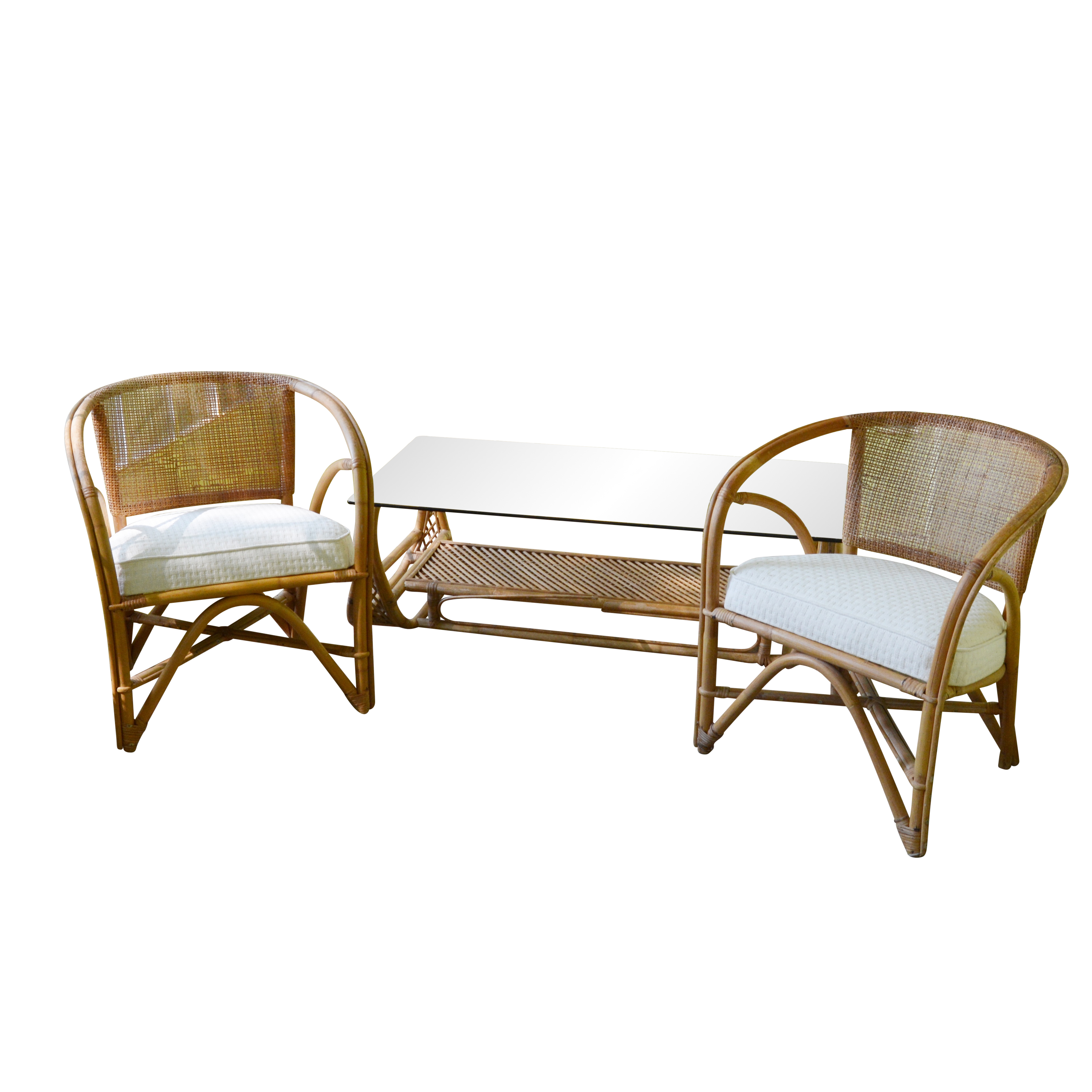 Deco Revival Armchairs and Smoky Glass Top Coffee Table, 20th Century