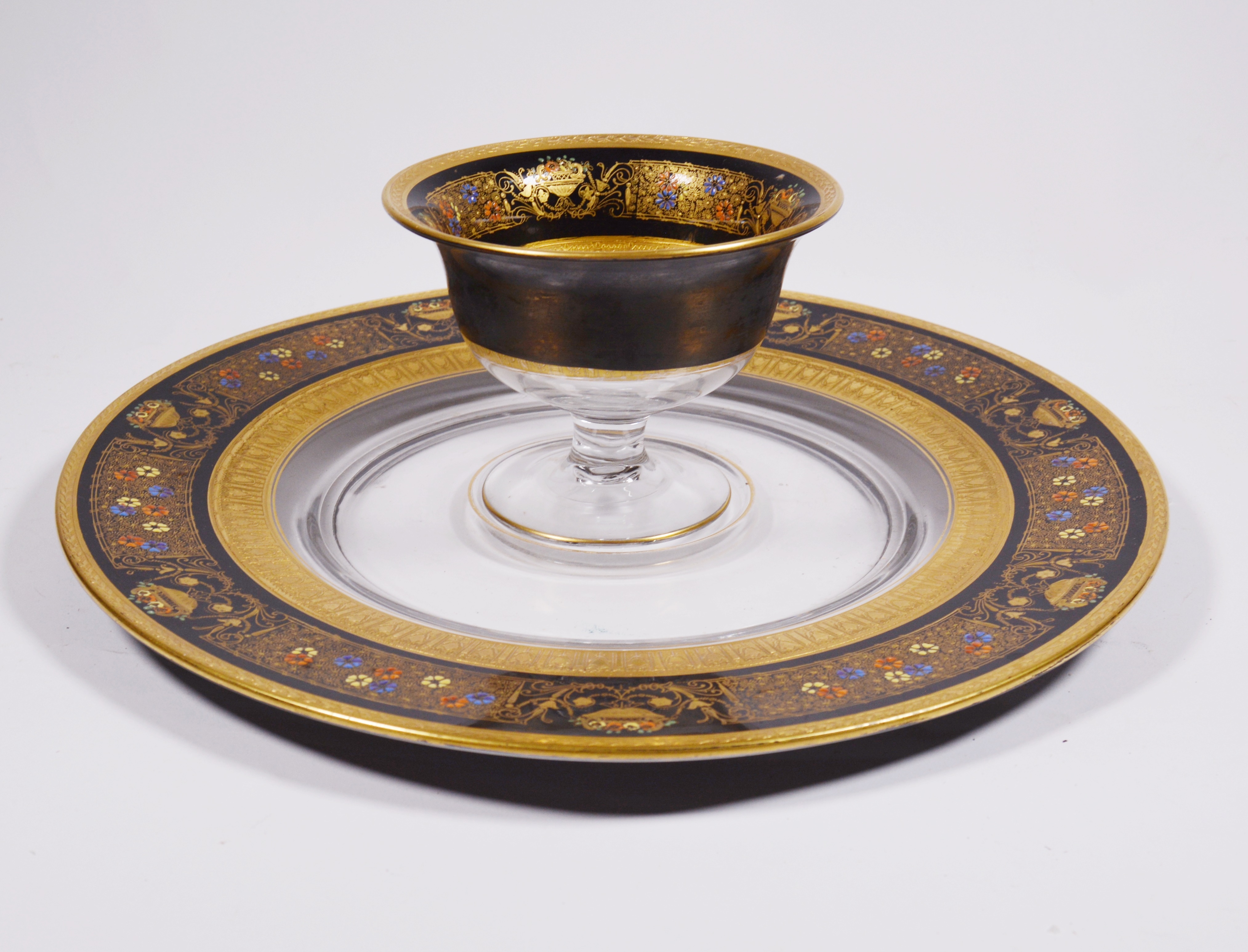 Hand-Painted Glass and Enameled Platter and Bowl