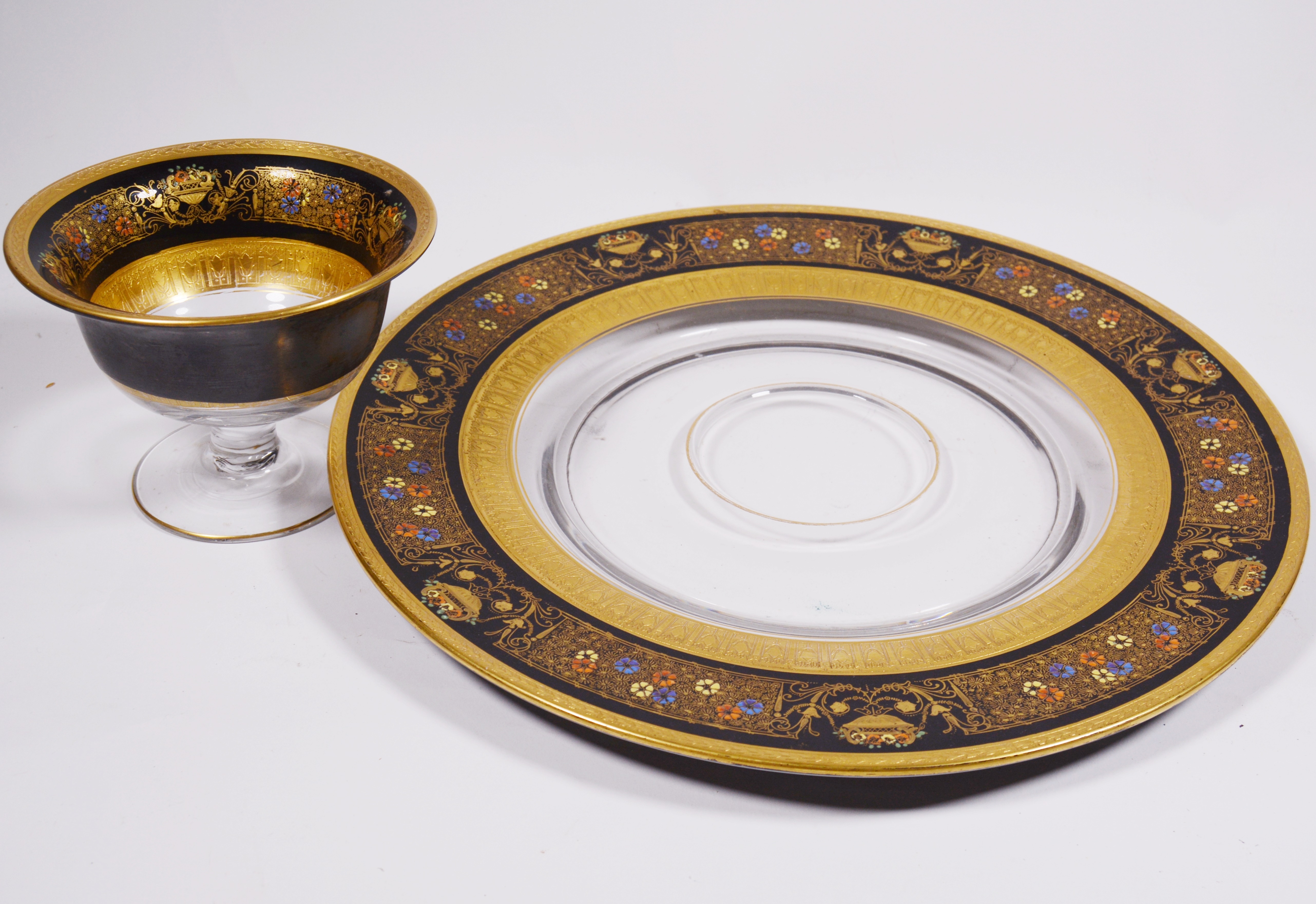Hand-Painted Glass and Enameled Platter and Bowl