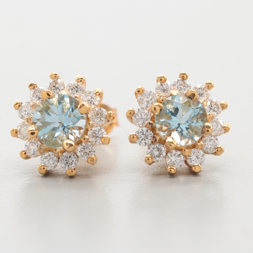 14K Yellow Gold Aquamarine and Diamond Earrings