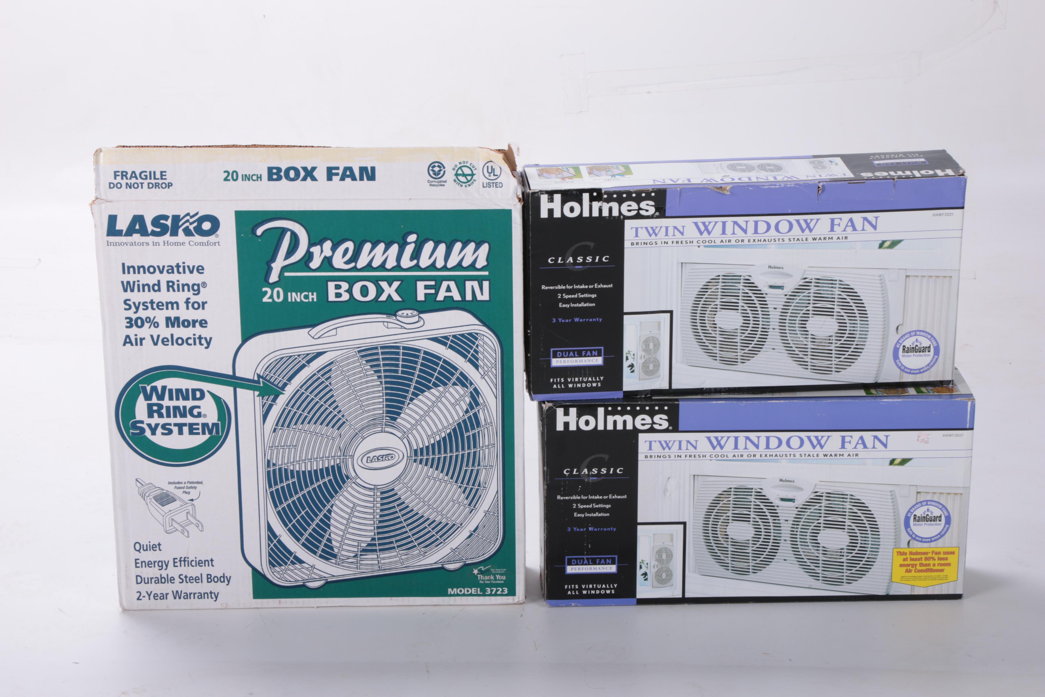 Lasko 20" Premium Box Fan with Holmes Twin Window Fans