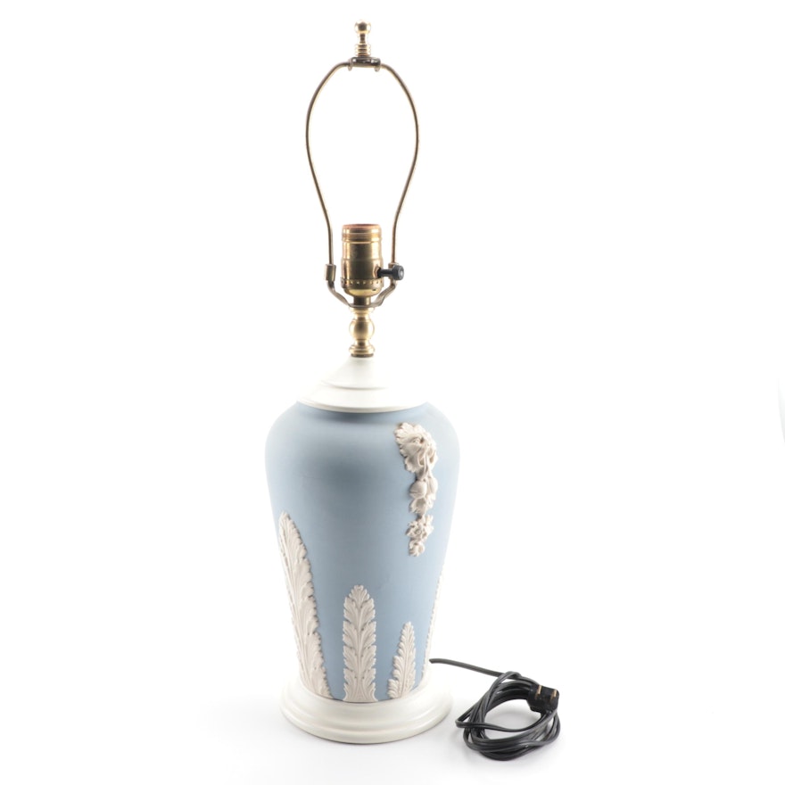 Blue and White Jasperware Style Table Lamp with Leaf and Lion's Head in Relief