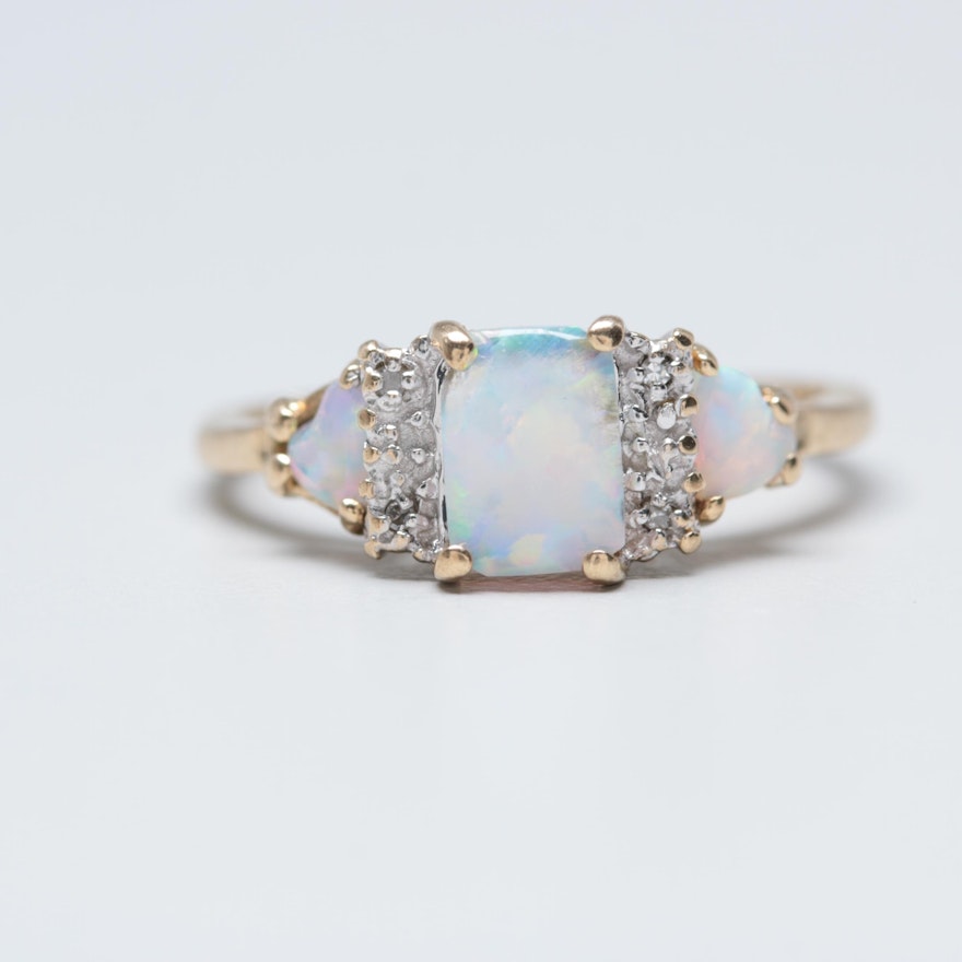 10K Yellow Gold Synthetic Opal and Diamond Ring