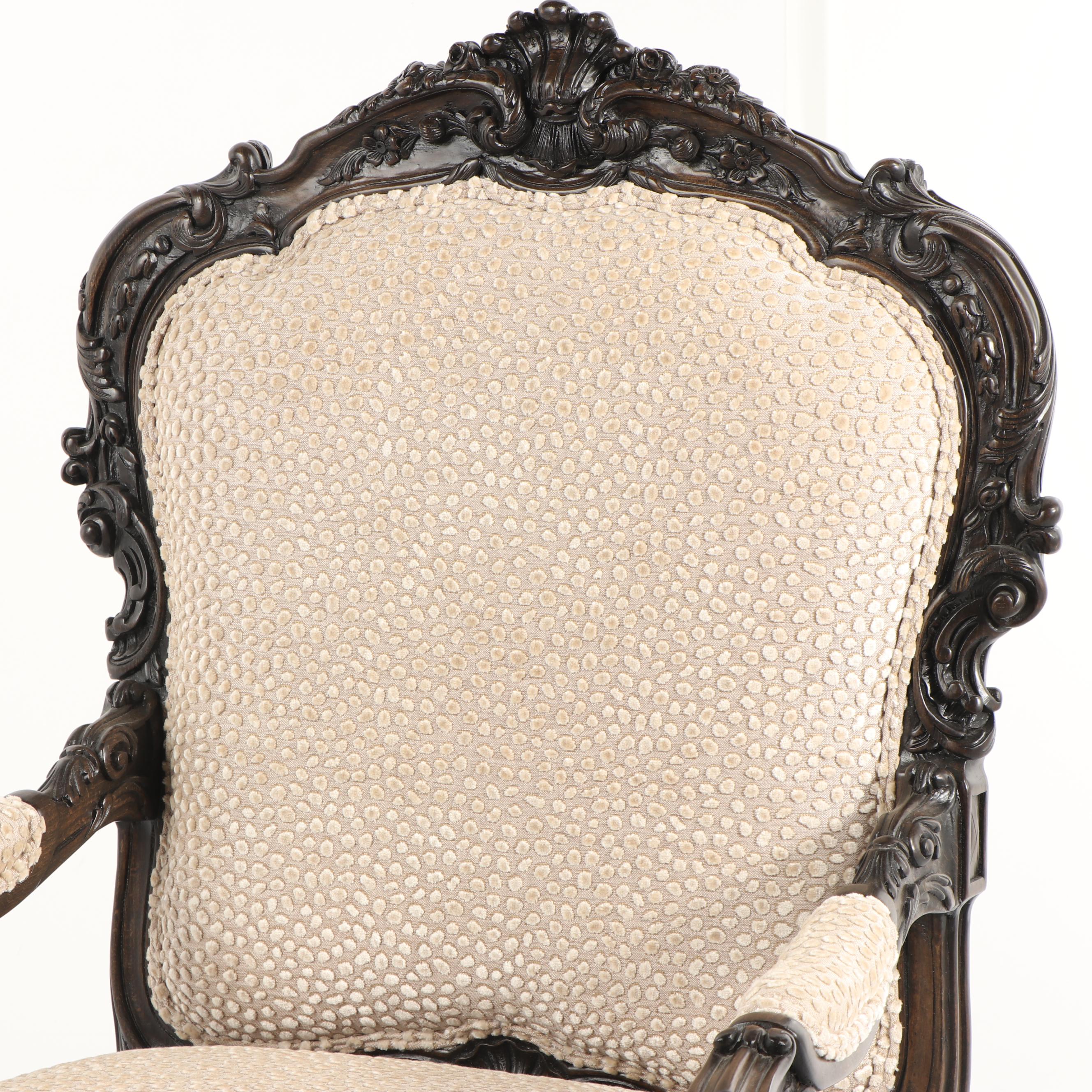 French Provincial Style Carved Wood Armchair and Ottoman, 21st Century